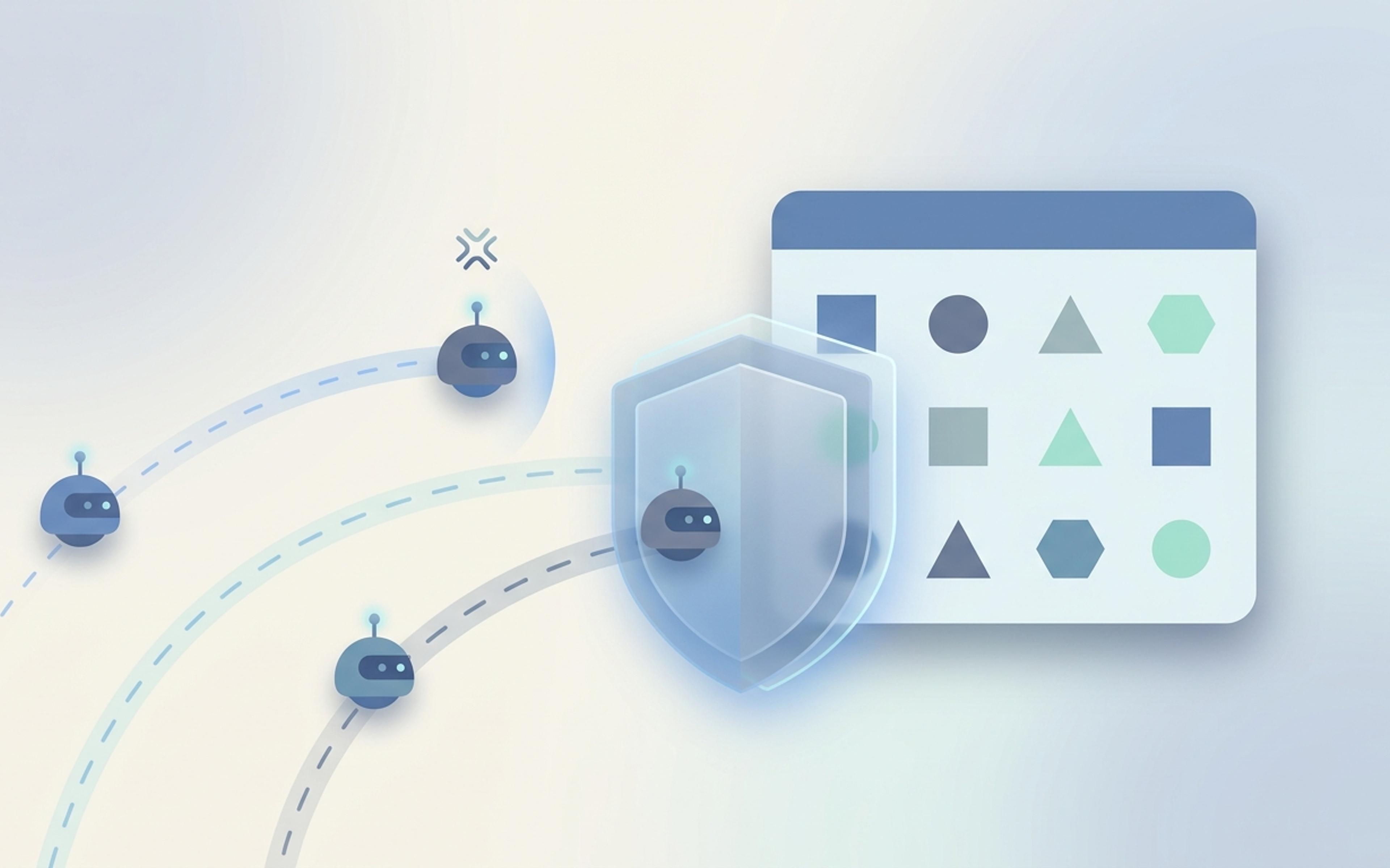 Illustration of small robot crawlers approaching a store's product grid, with a shield in front letting some through and stopping one
