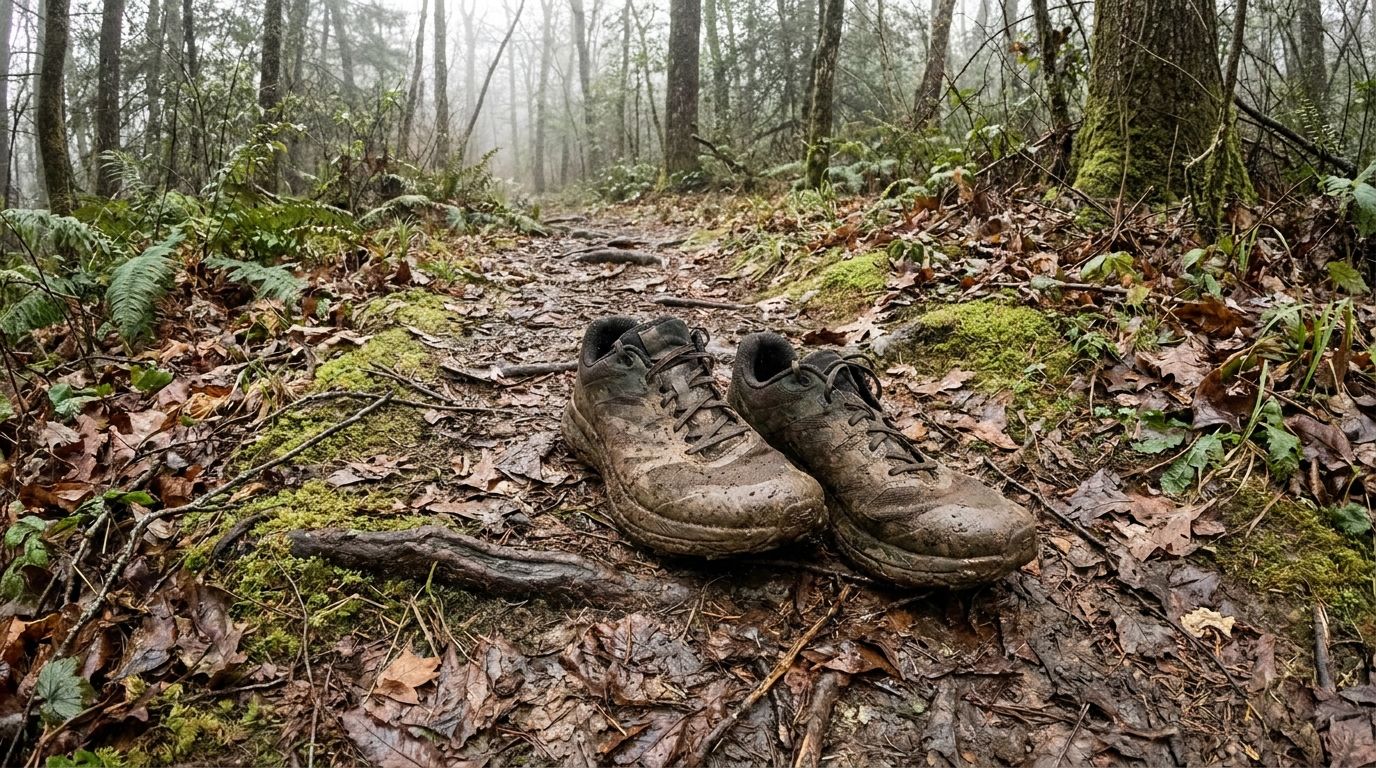 Trail running shoes on a muddy forest trail