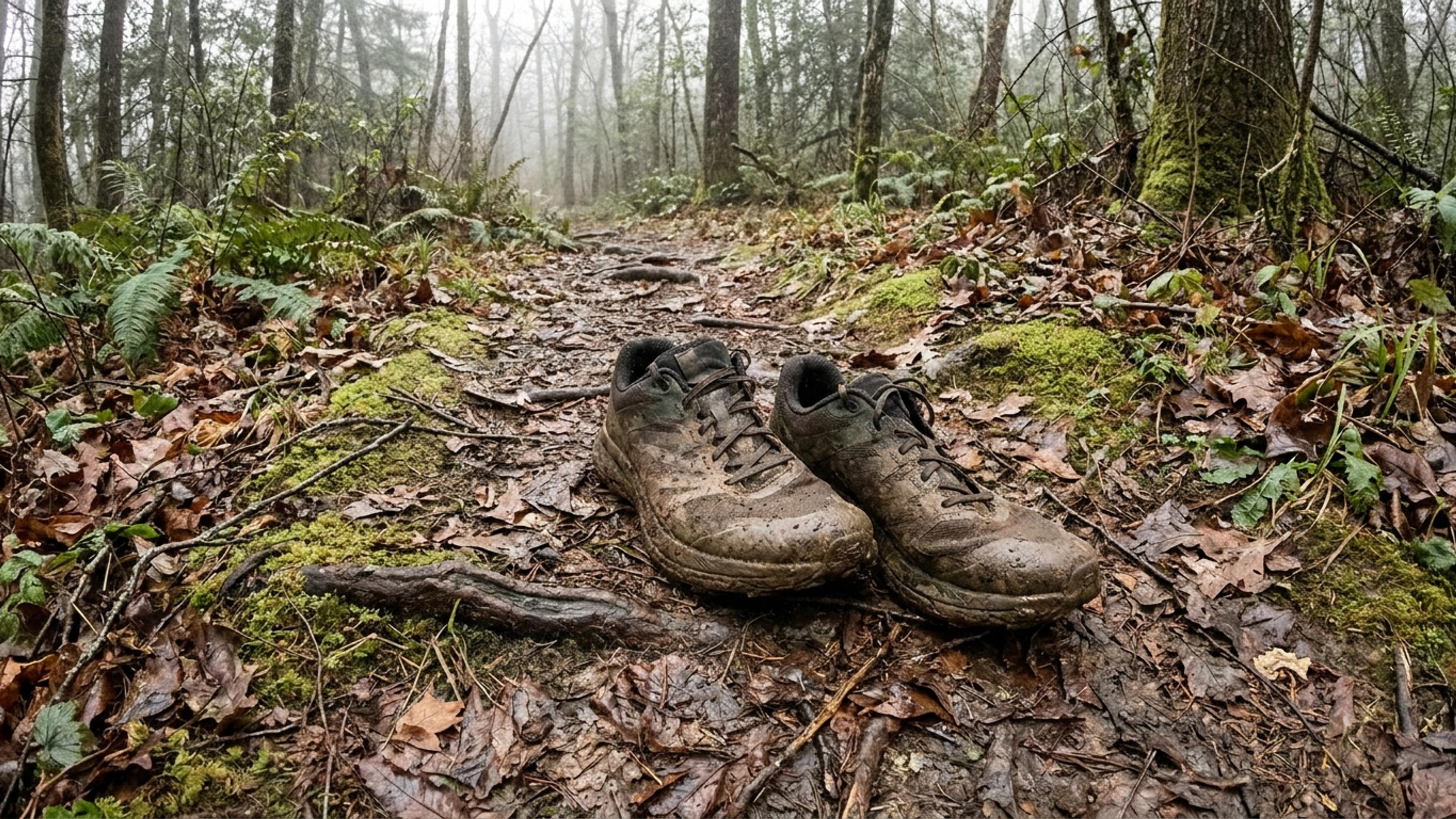 Trail running shoes on a muddy forest trail