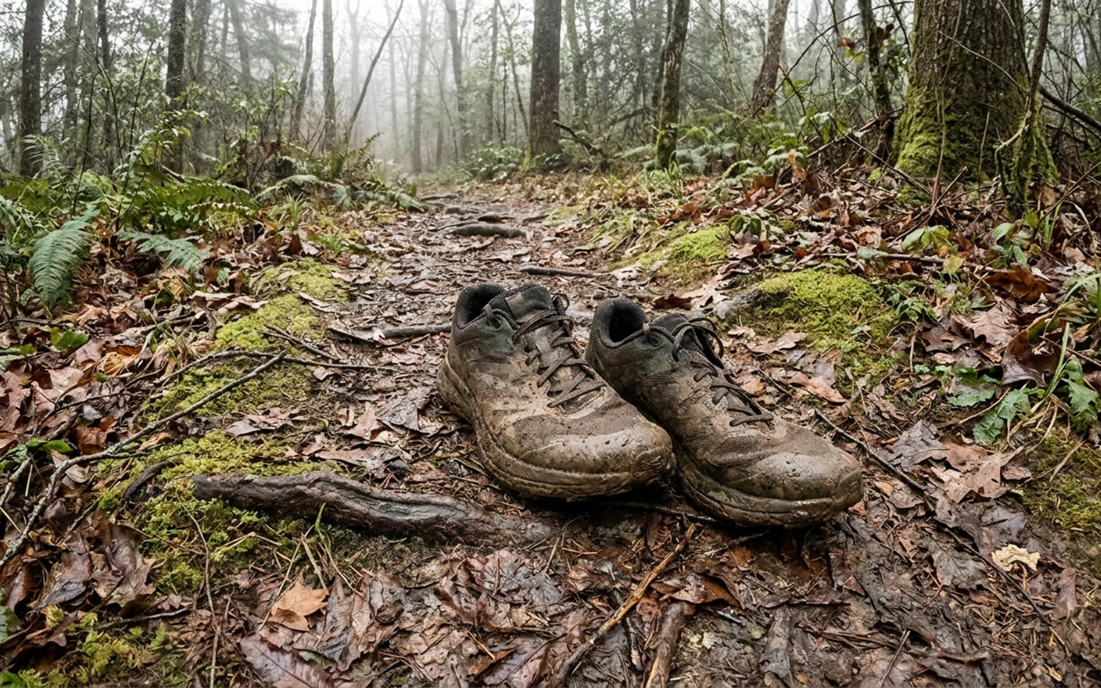 Trail running shoes on a muddy forest trail