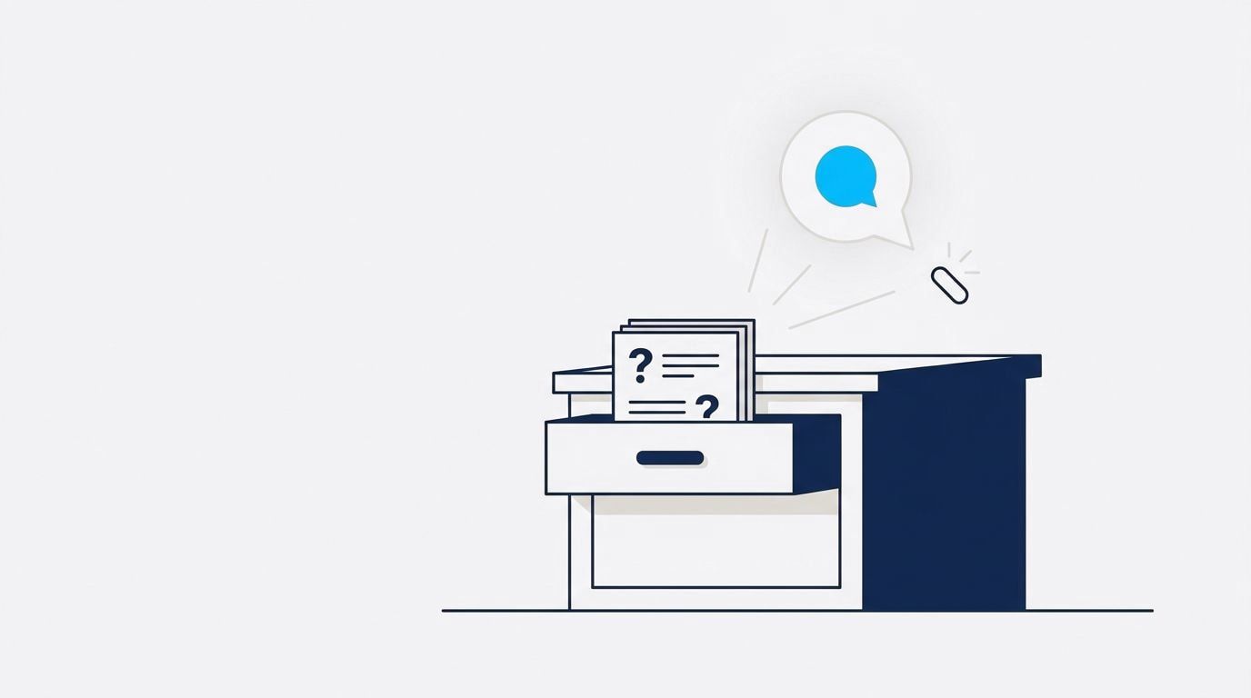 Illustration of answer cards tucked in a half-open drawer while an AI chat bubble above looks for them