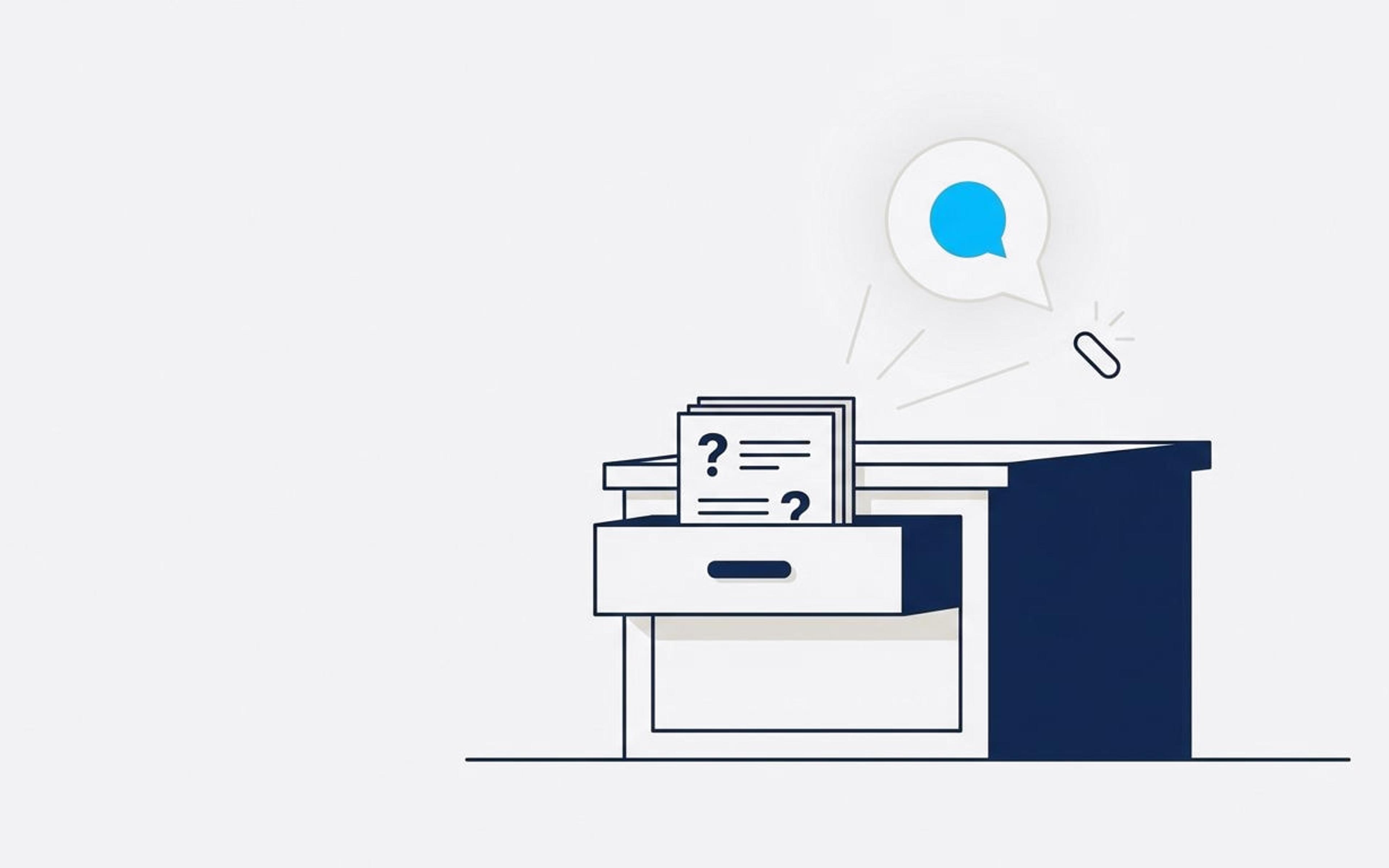 Illustration of answer cards tucked in a half-open drawer while an AI chat bubble above looks for them