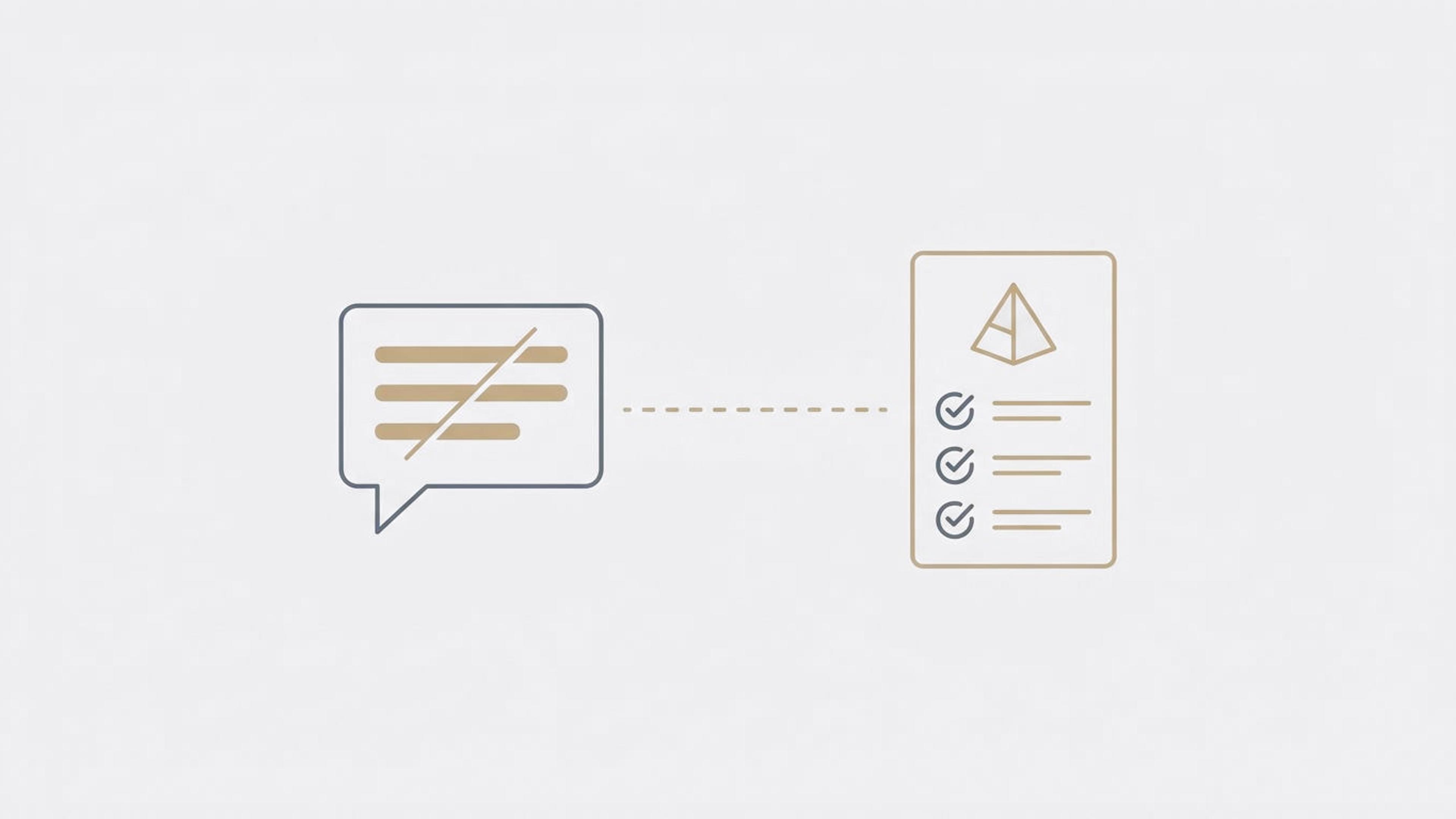 Illustration of a chat bubble with its lines crossed out, linked by a dashed line to a product page card with checked rows