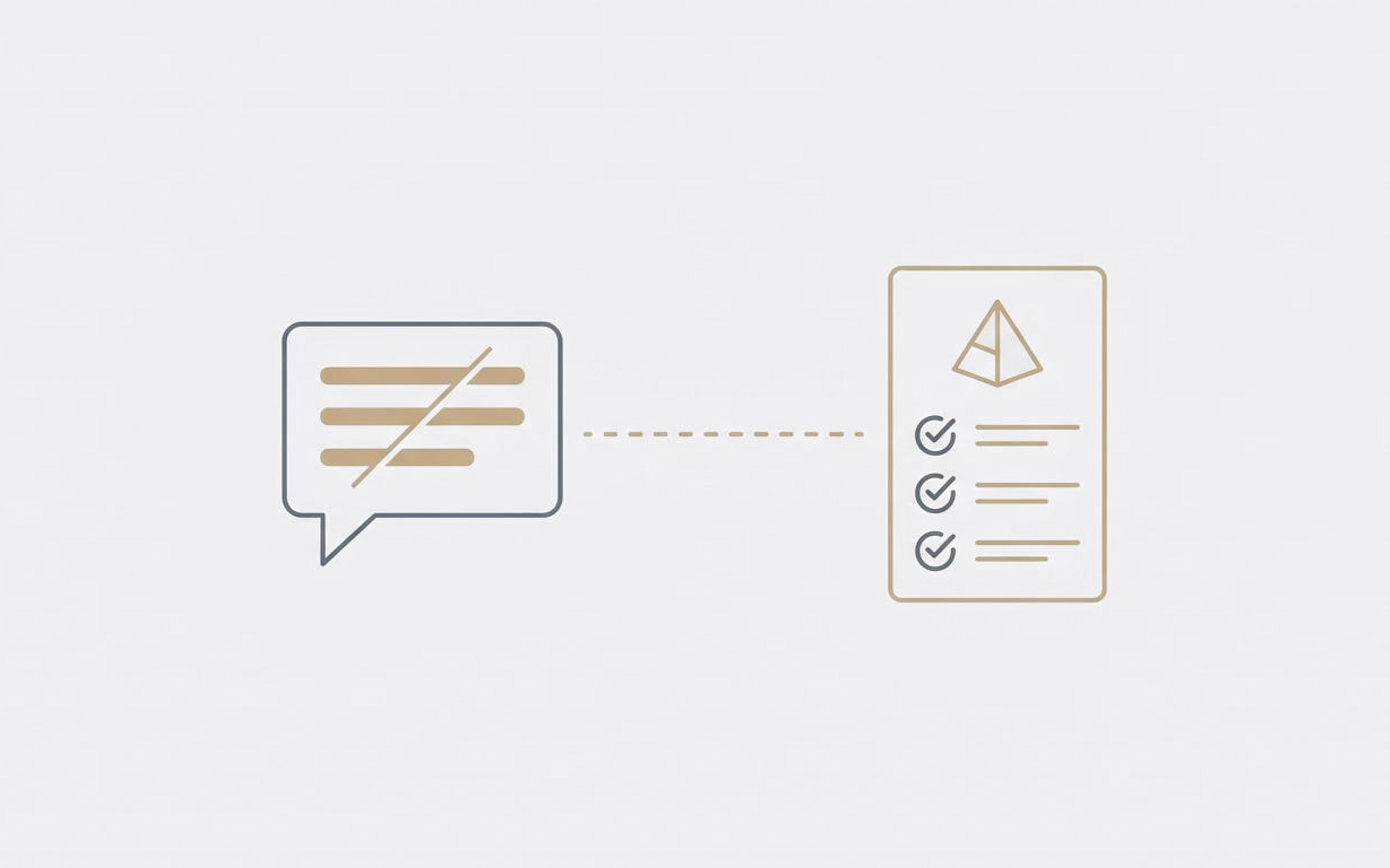 Illustration of a chat bubble with its lines crossed out, linked by a dashed line to a product page card with checked rows