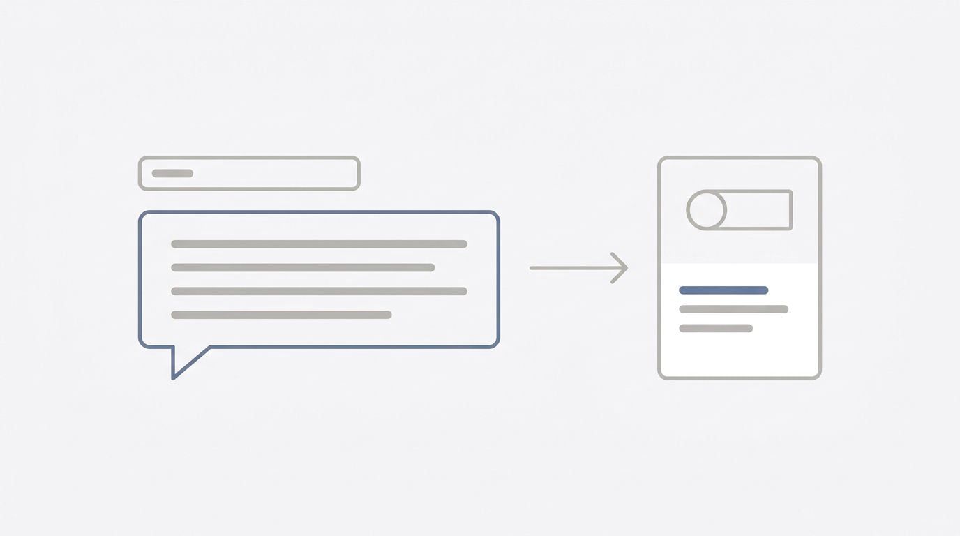 Illustration of a short search bar above a long chat message, with an arrow leading to a product page card