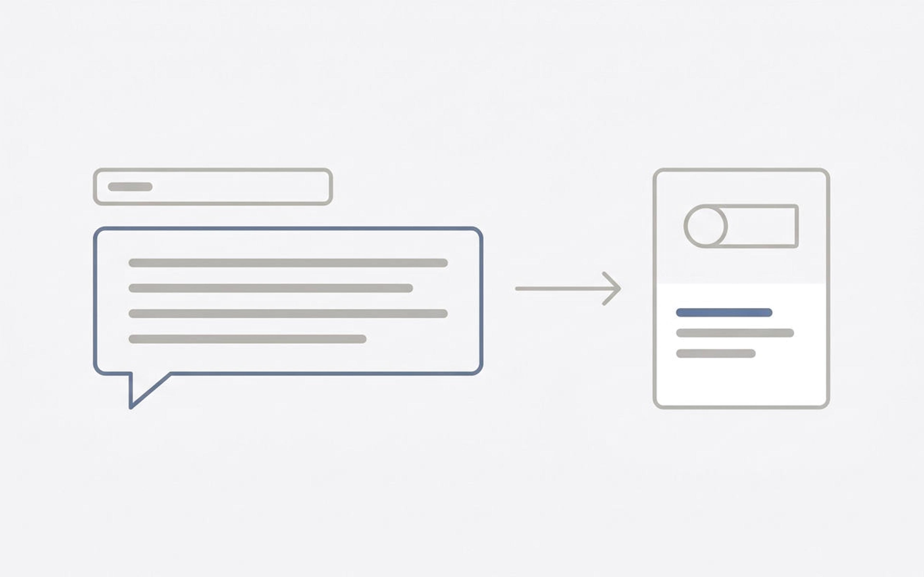 Illustration of a short search bar above a long chat message, with an arrow leading to a product page card