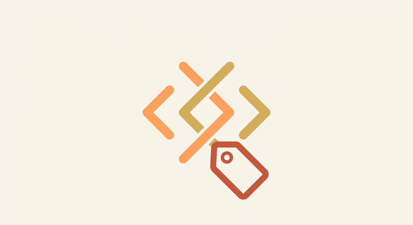 Flat illustration of code brackets and a tag icon