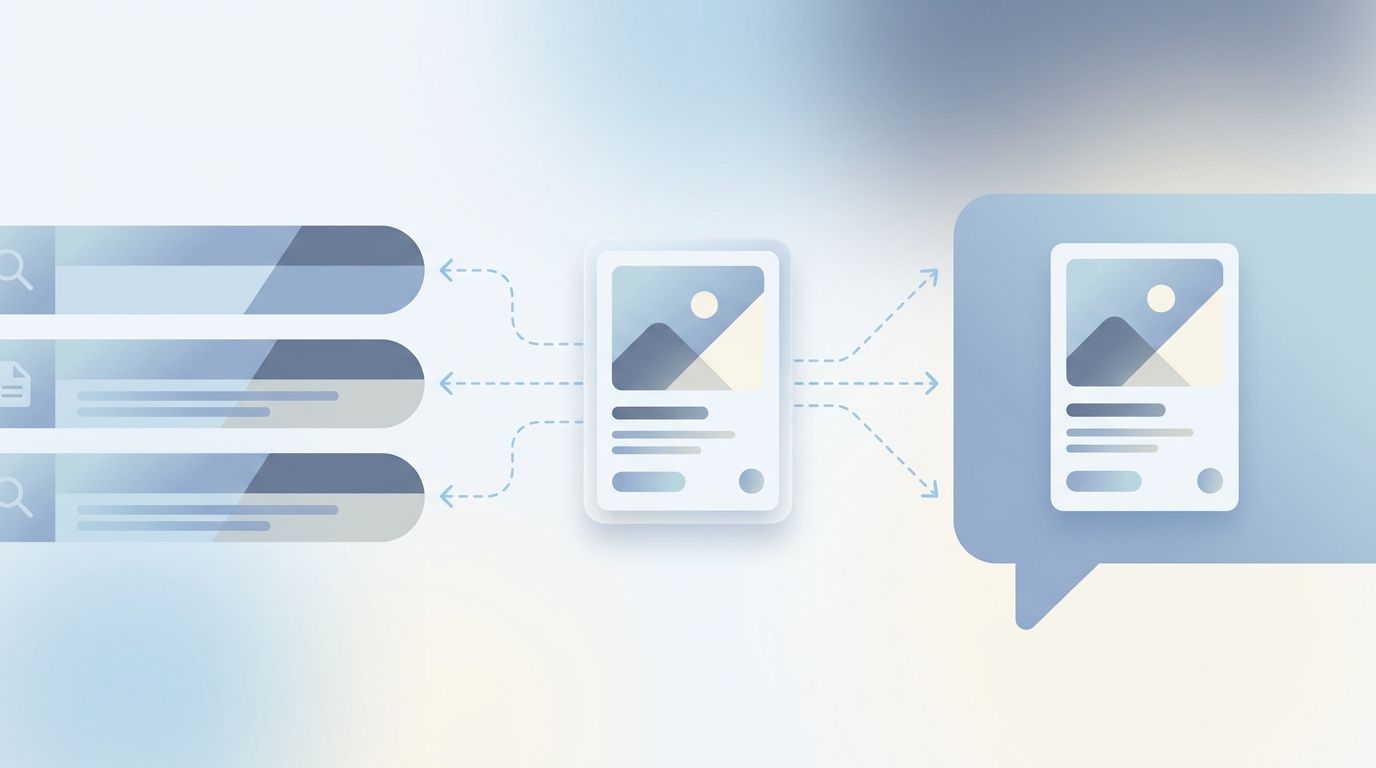 Illustration of one product card feeding both a list of search results on the left and an AI chat answer on the right