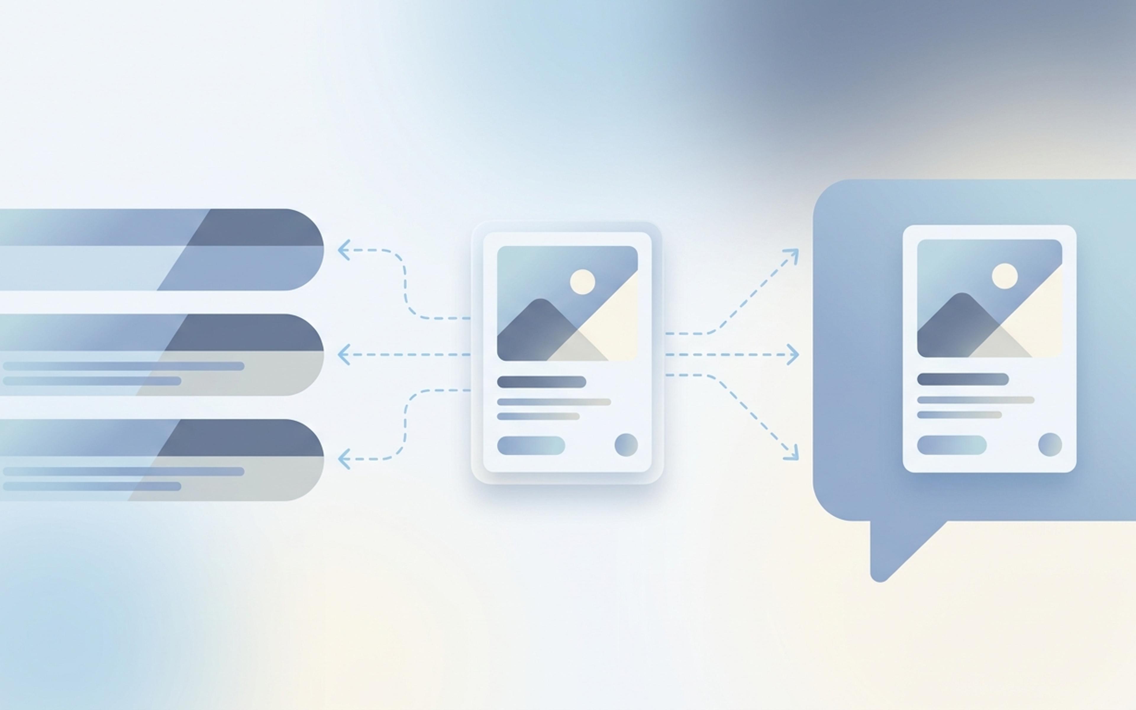 Illustration of one product card feeding both a list of search results on the left and an AI chat answer on the right