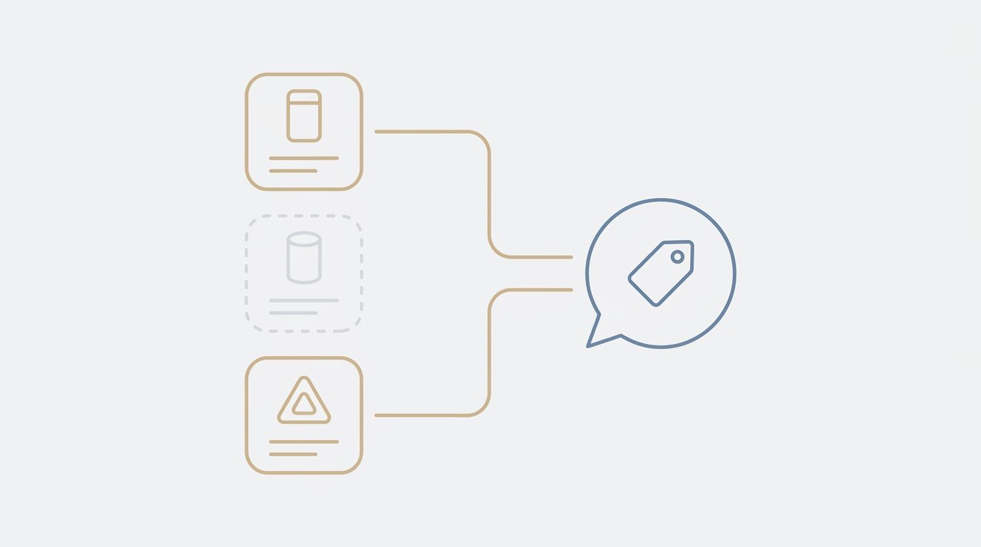 Illustration of three product cards, two linked to a chat bubble holding a price tag and one faded and left out