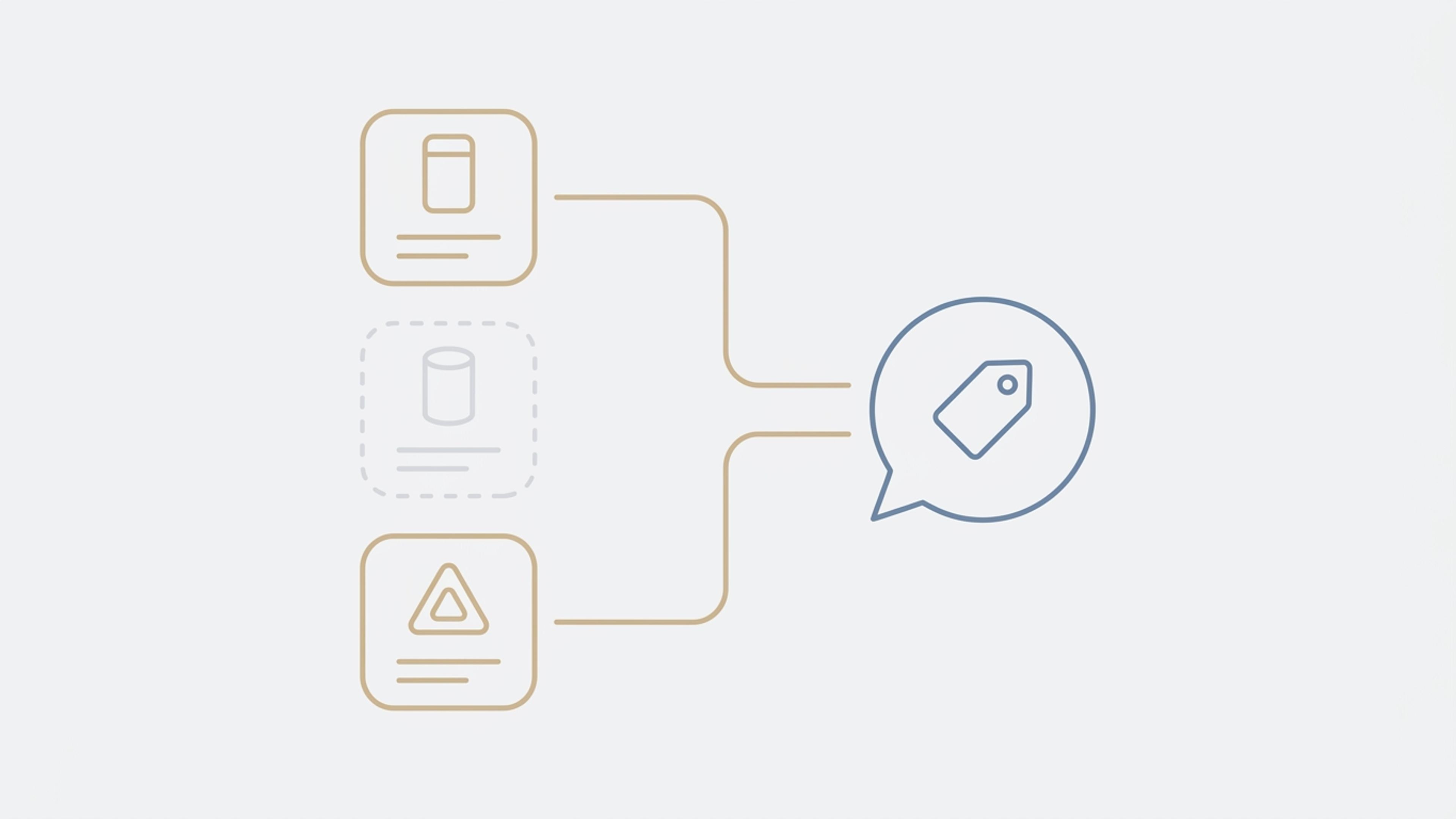 Illustration of three product cards, two linked to a chat bubble holding a price tag and one faded and left out