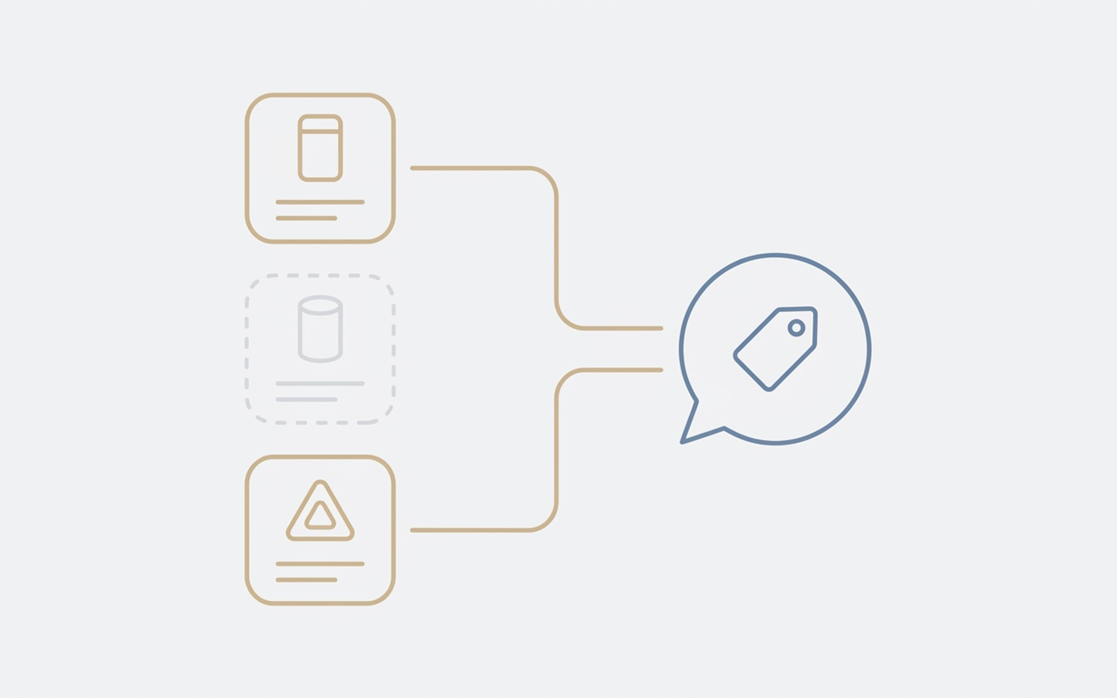 Illustration of three product cards, two linked to a chat bubble holding a price tag and one faded and left out