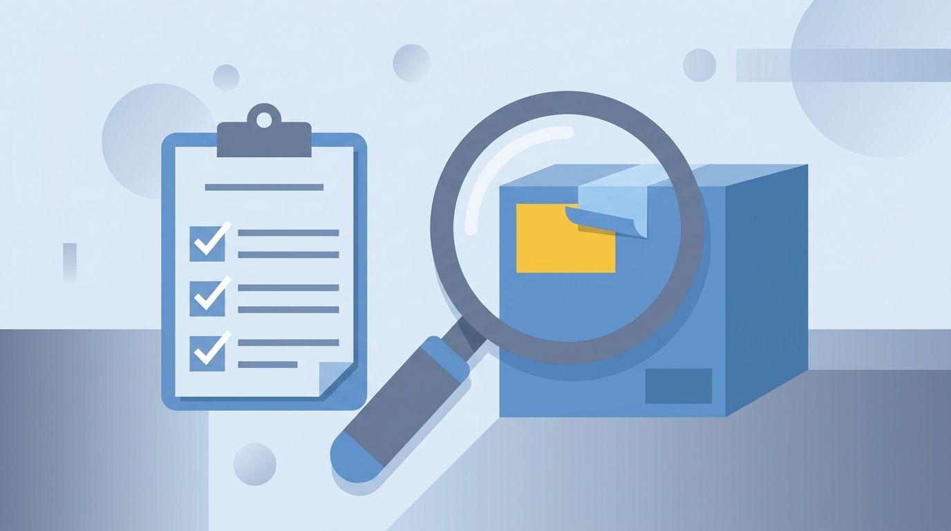 Illustration of a checklist beside a magnifying glass inspecting a box whose label is peeling back to show a different label underneath