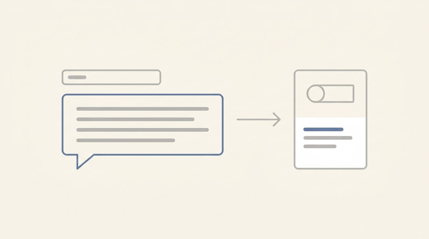 Illustration of a short search bar above a long chat message, with an arrow leading to a product page card