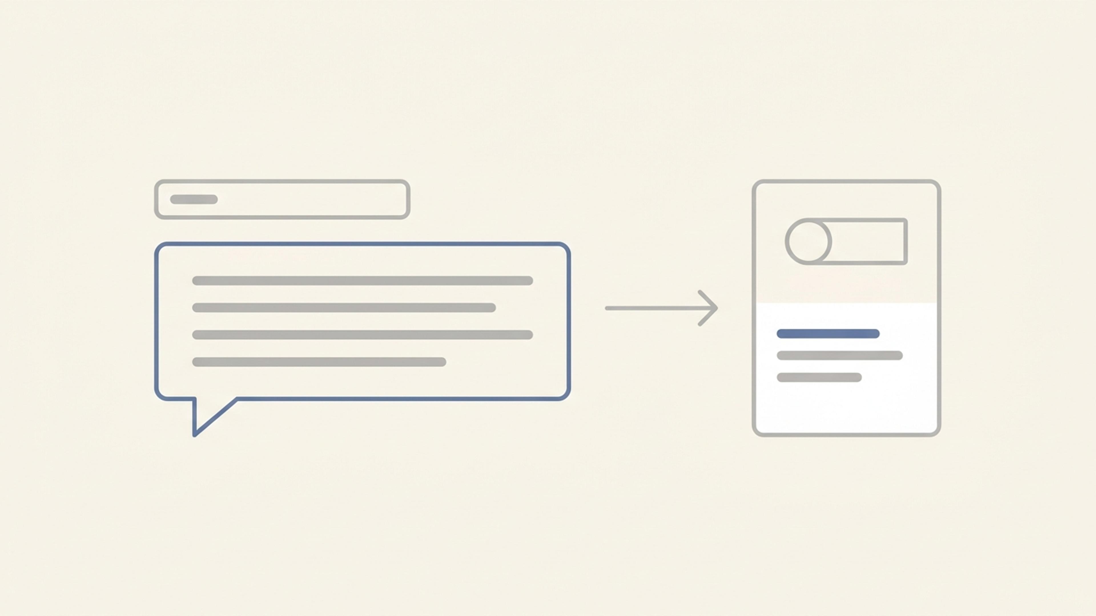 Illustration of a short search bar above a long chat message, with an arrow leading to a product page card