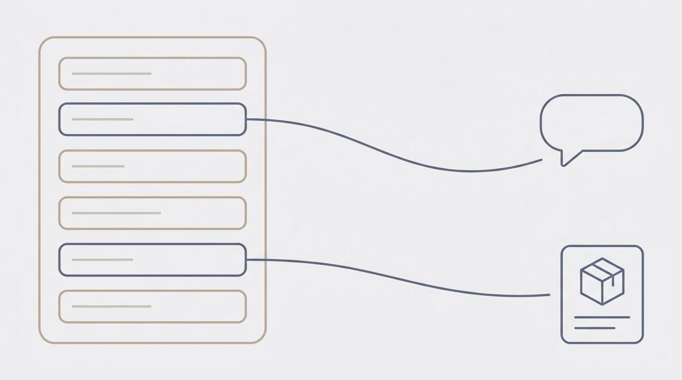 Illustration of a product form with two highlighted fields, one linked to a chat bubble and one to a product card