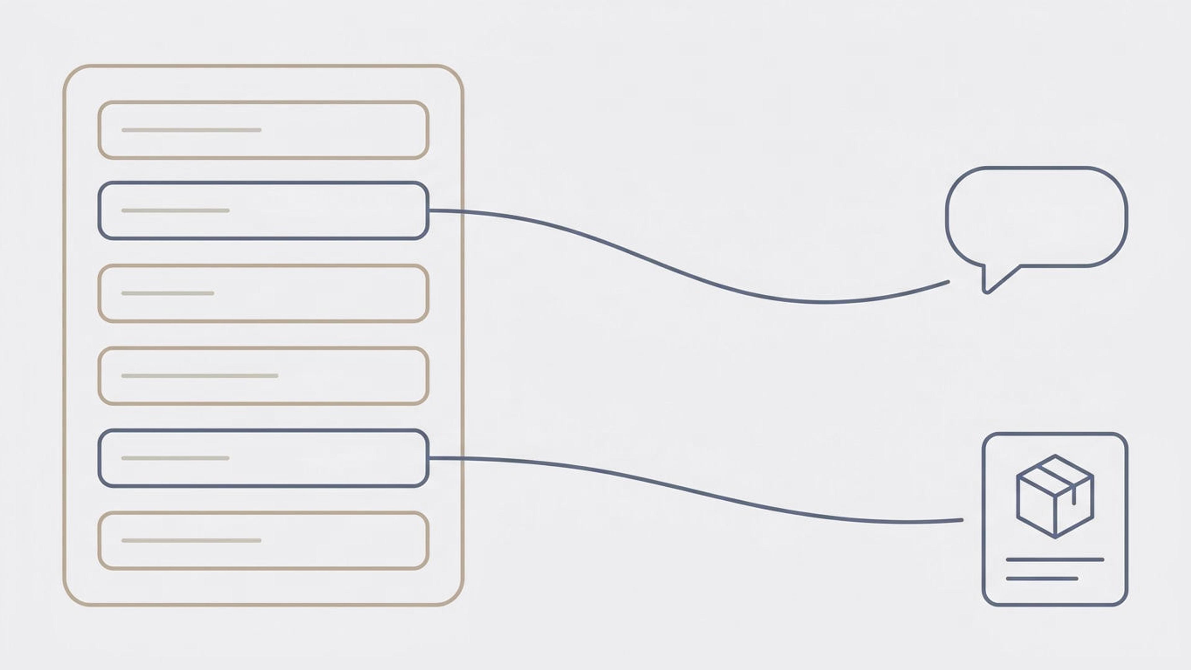 Illustration of a product form with two highlighted fields, one linked to a chat bubble and one to a product card