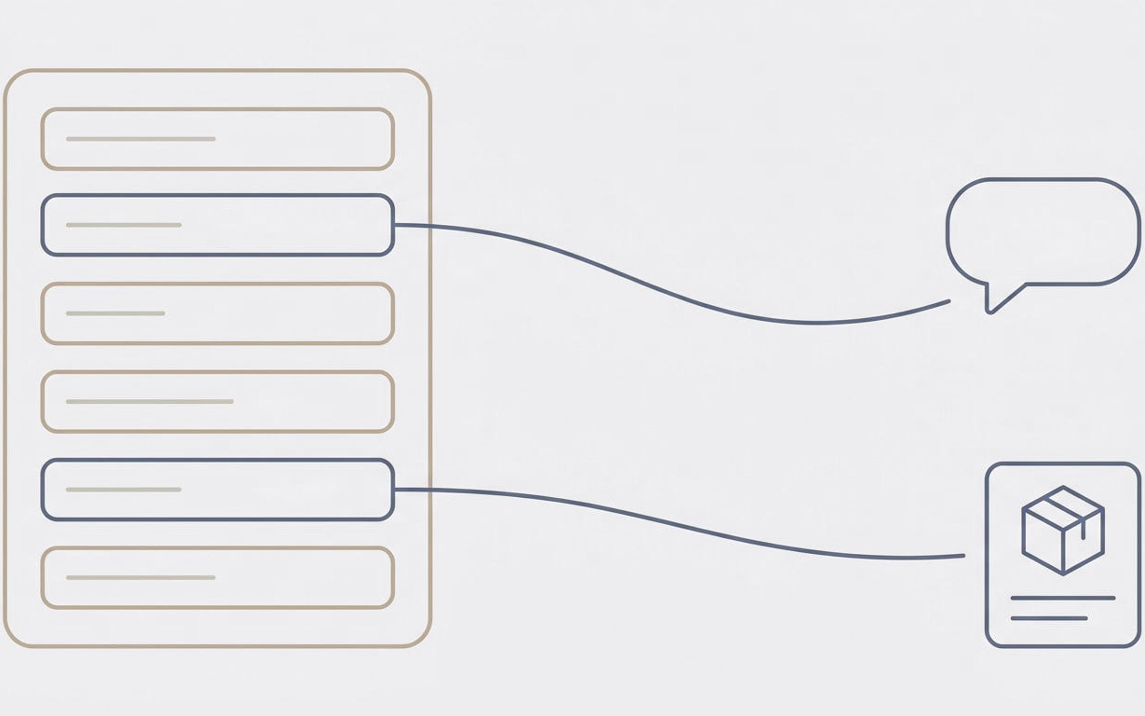 Illustration of a product form with two highlighted fields, one linked to a chat bubble and one to a product card