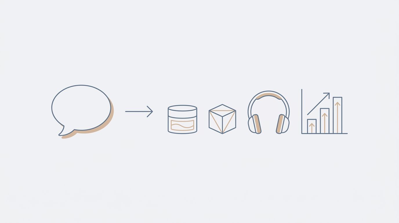Illustration of a chat bubble with an arrow pointing to a skincare jar, a toy block, headphones, and a rising bar chart