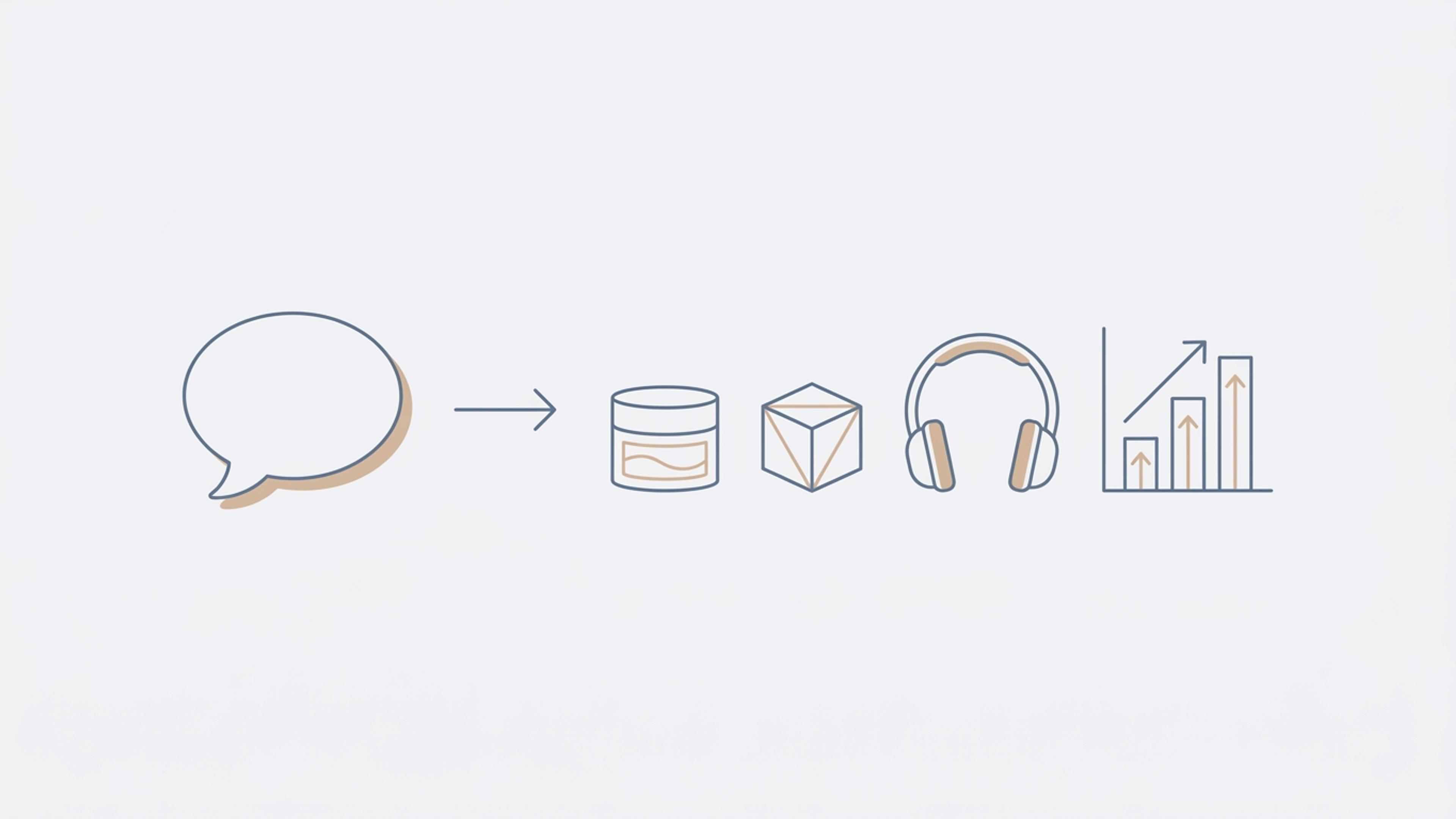 Illustration of a chat bubble with an arrow pointing to a skincare jar, a toy block, headphones, and a rising bar chart