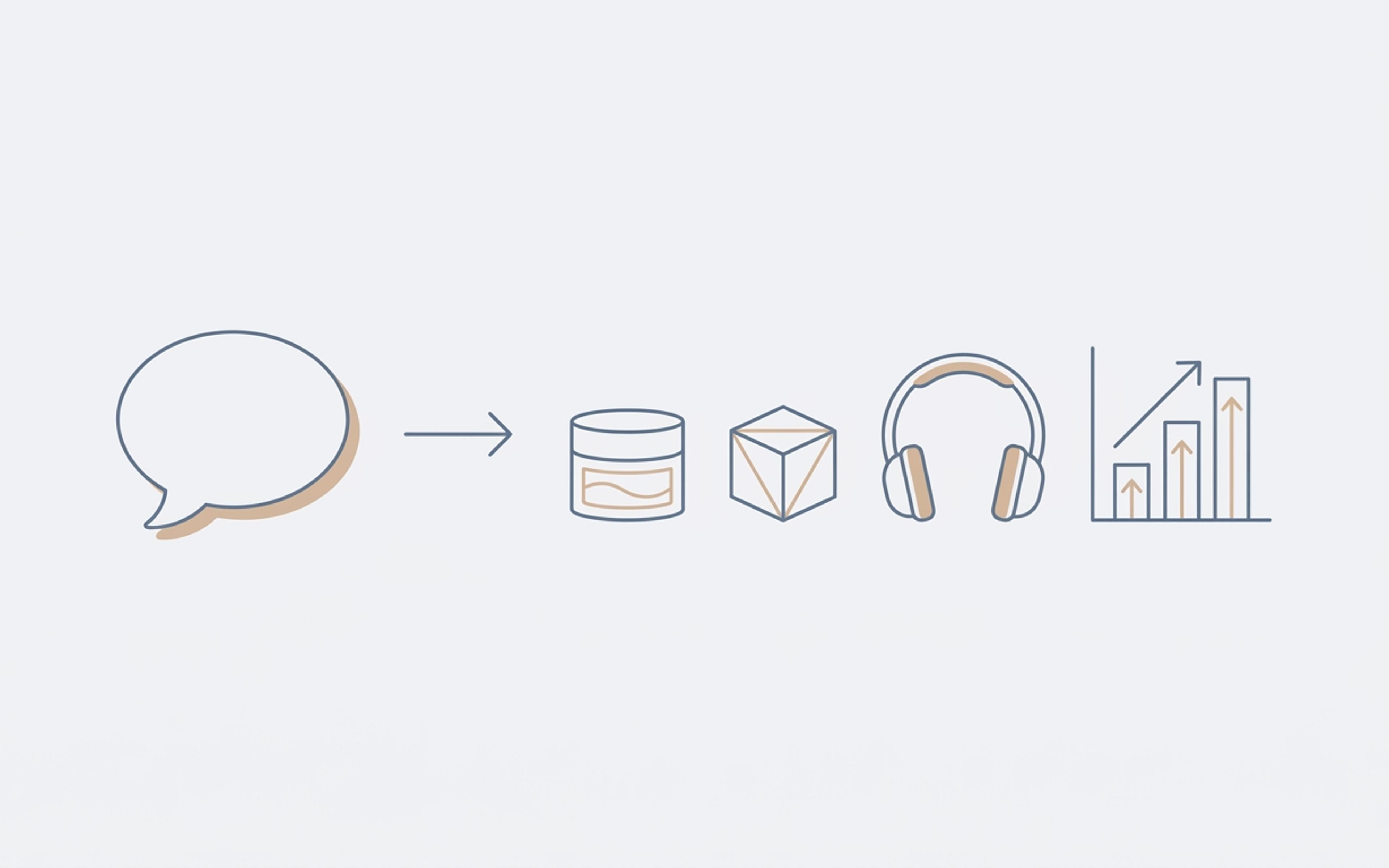 Illustration of a chat bubble with an arrow pointing to a skincare jar, a toy block, headphones, and a rising bar chart