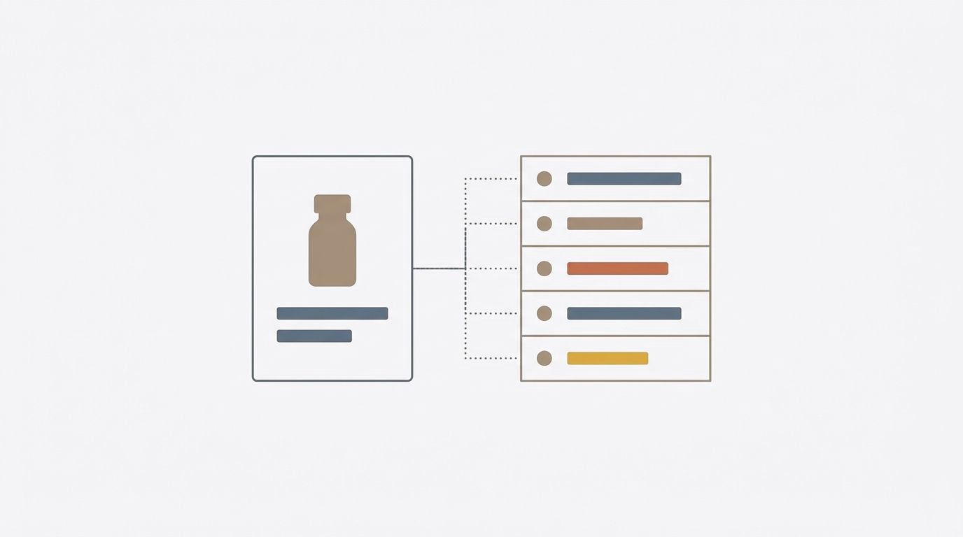 Illustration of a product card linked to a panel of neatly labeled data rows