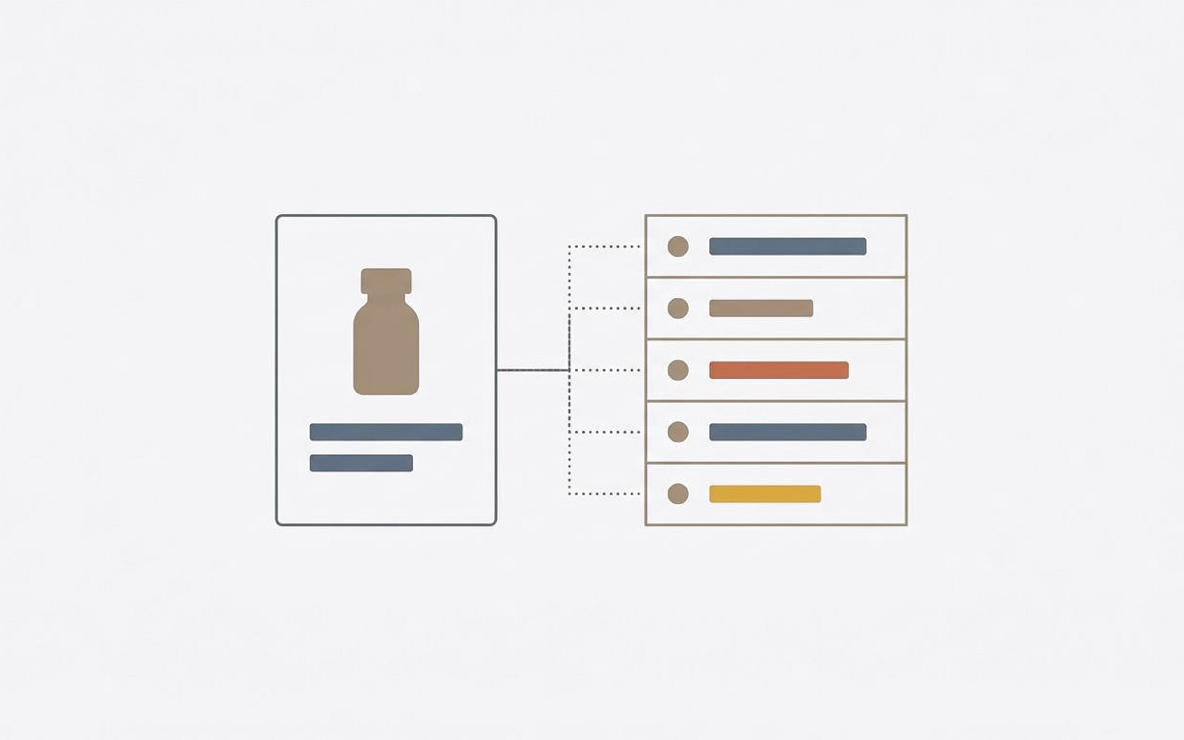 Illustration of a product card linked to a panel of neatly labeled data rows