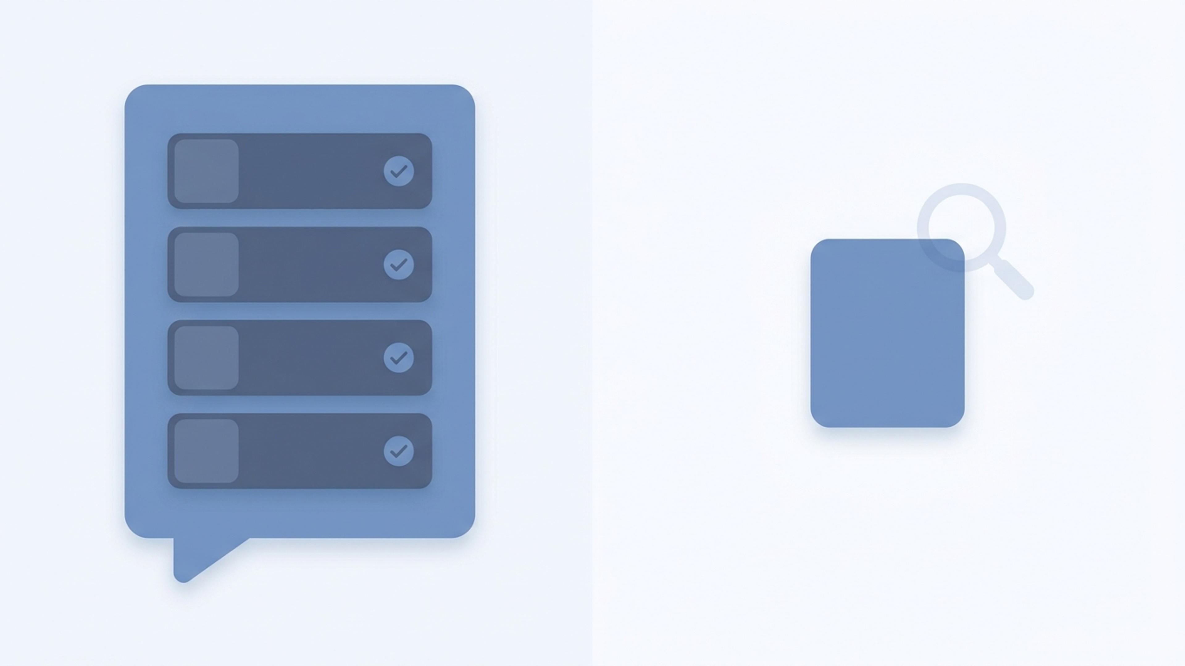 Illustration of a chat bubble listing four checked product cards, with a fifth product card standing apart under a magnifying glass