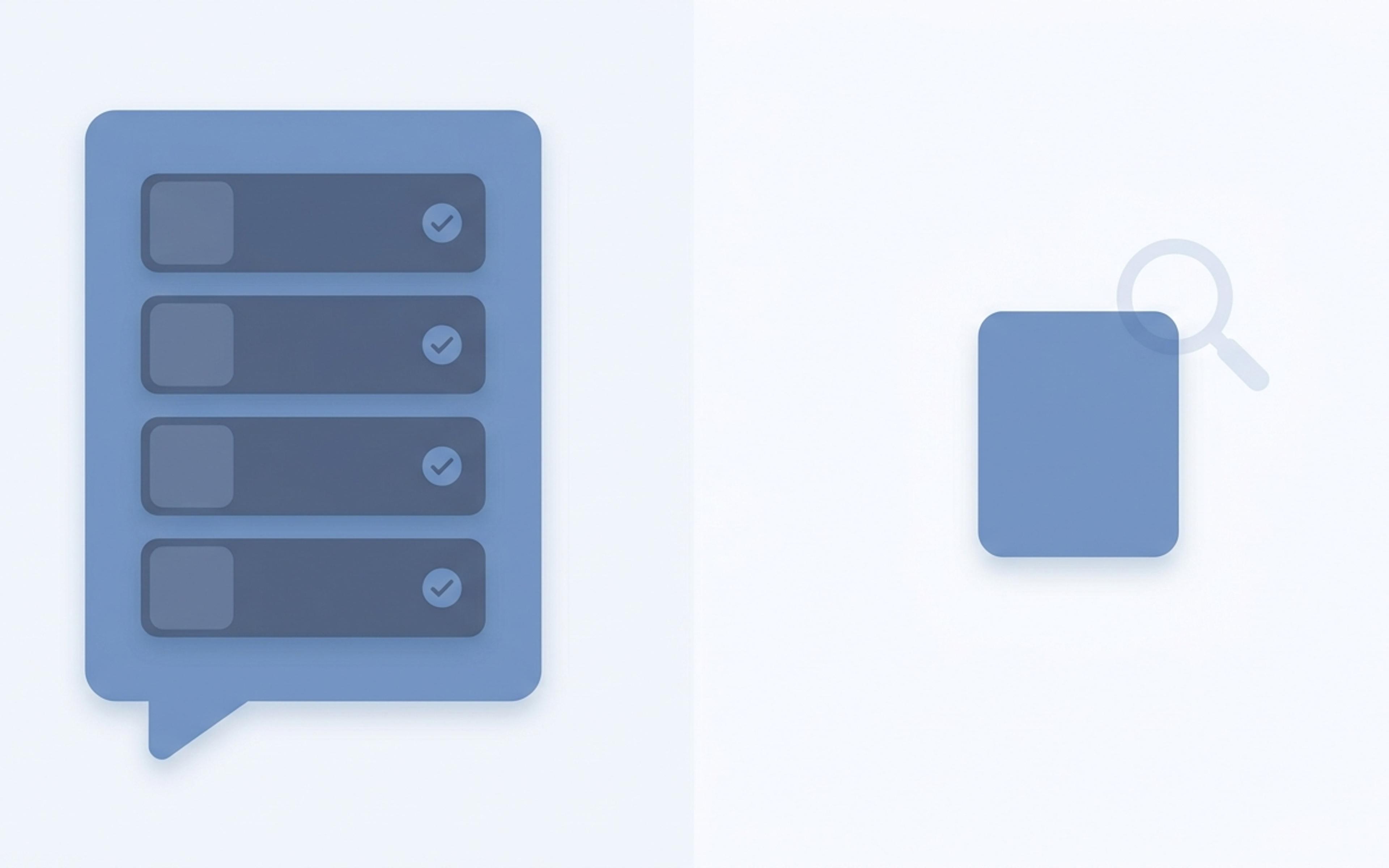Illustration of a chat bubble listing four checked product cards, with a fifth product card standing apart under a magnifying glass