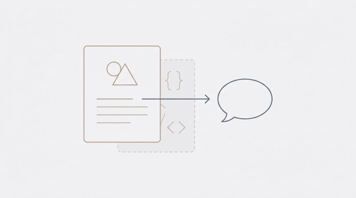 Illustration of a product page card with faded code markup behind it, and an arrow from the page's visible text to a chat bubble