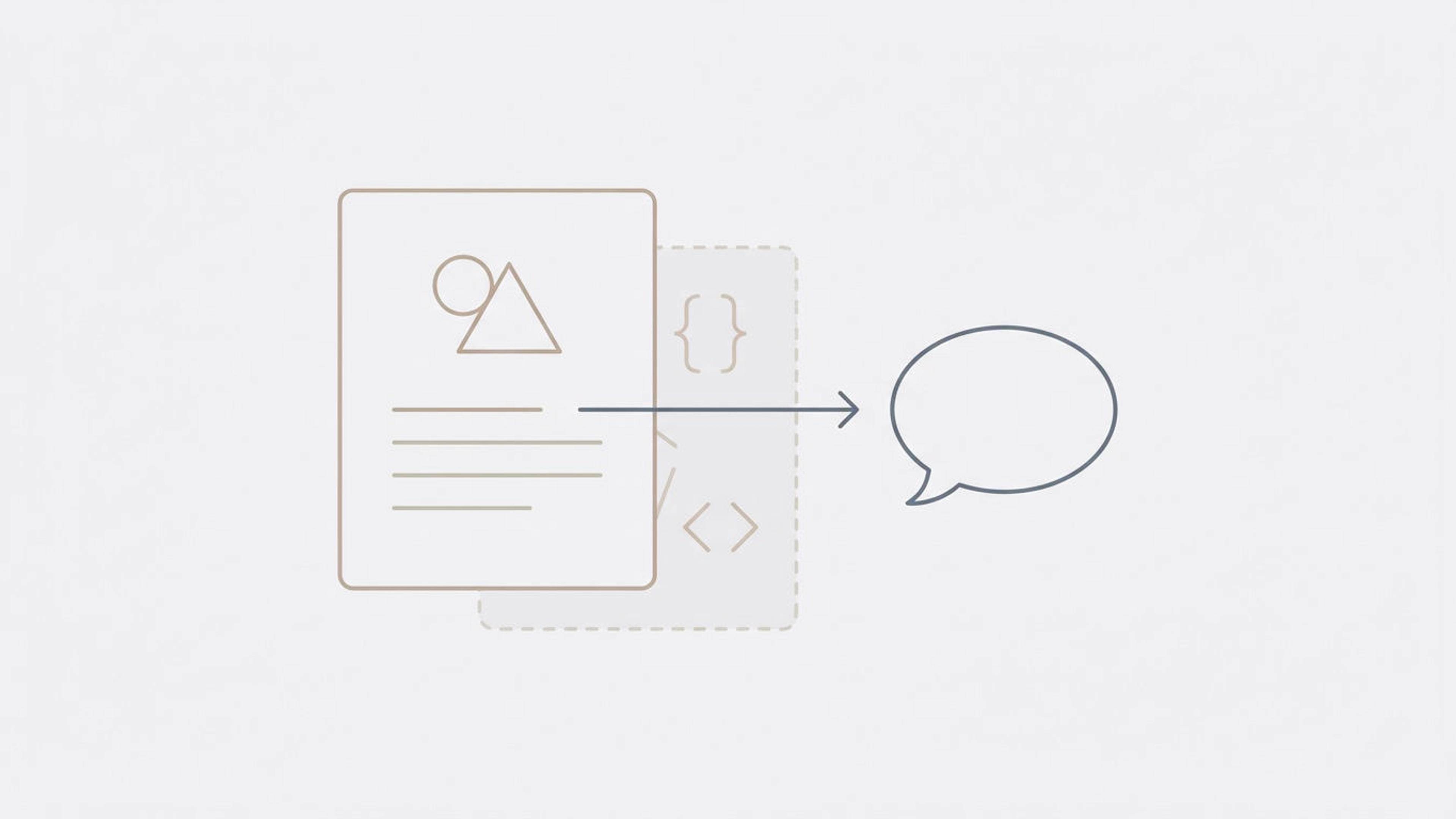 Illustration of a product page card with faded code markup behind it, and an arrow from the page's visible text to a chat bubble