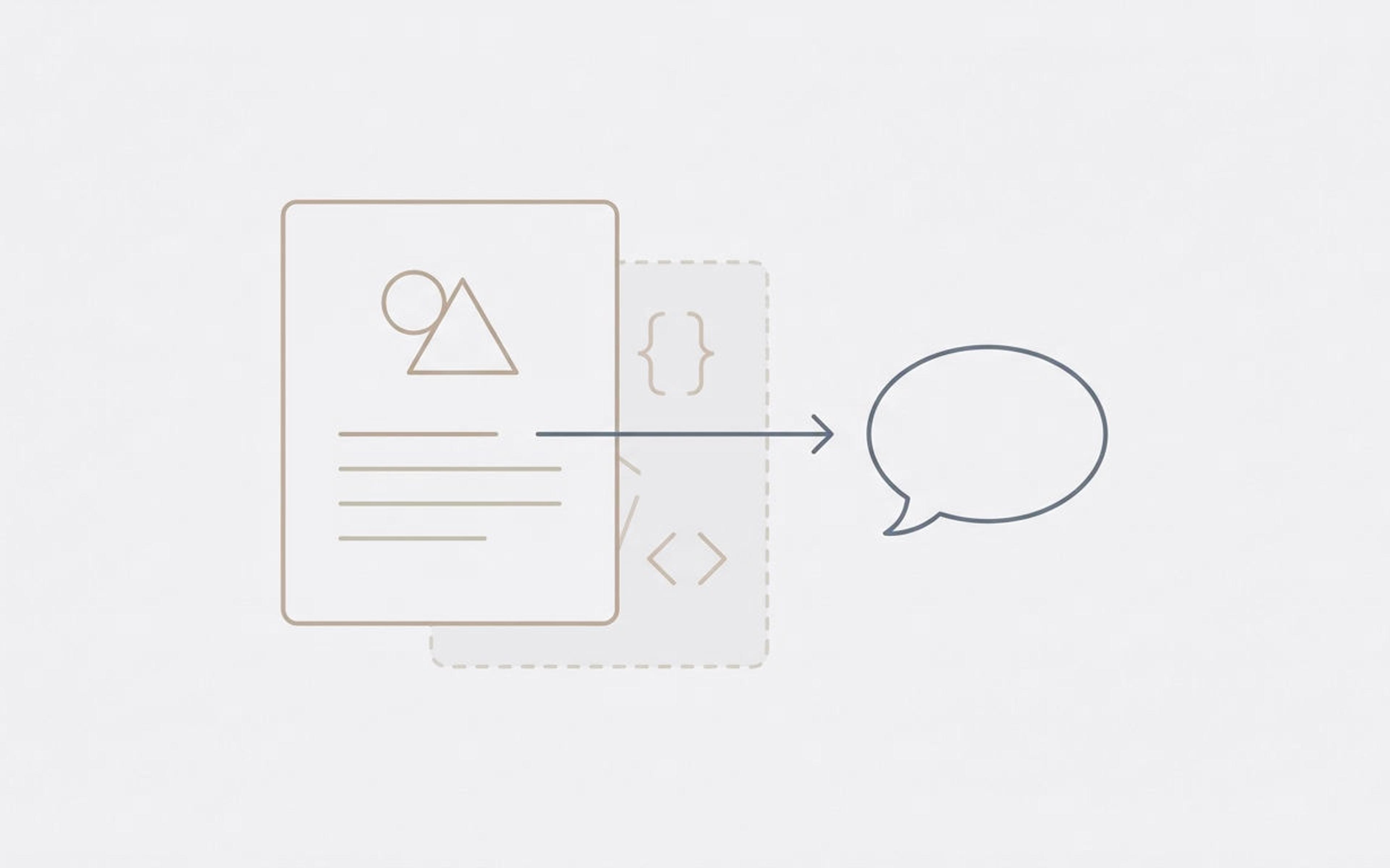Illustration of a product page card with faded code markup behind it, and an arrow from the page's visible text to a chat bubble