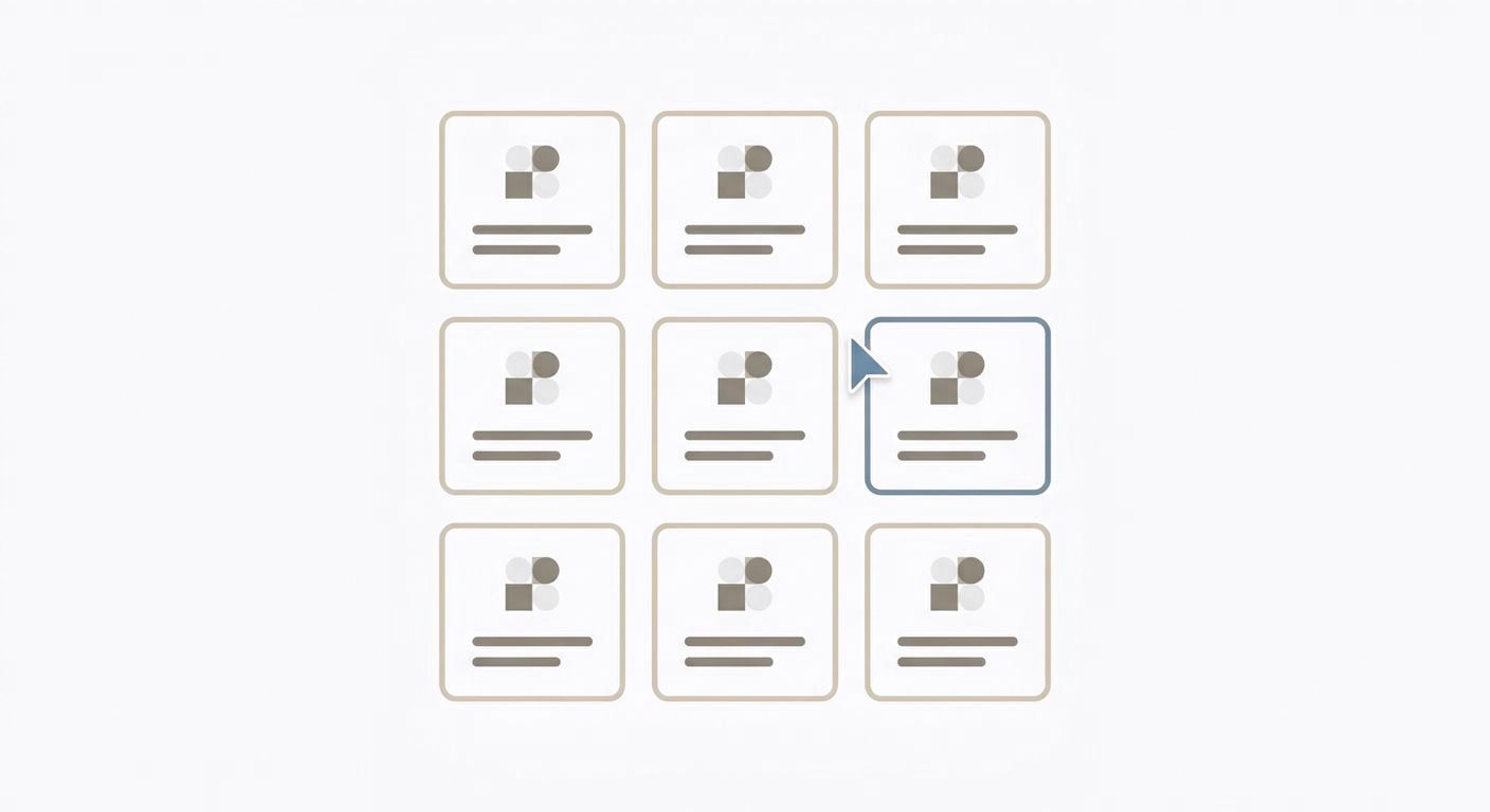 Illustration of a grid of product tiles with one tile selected