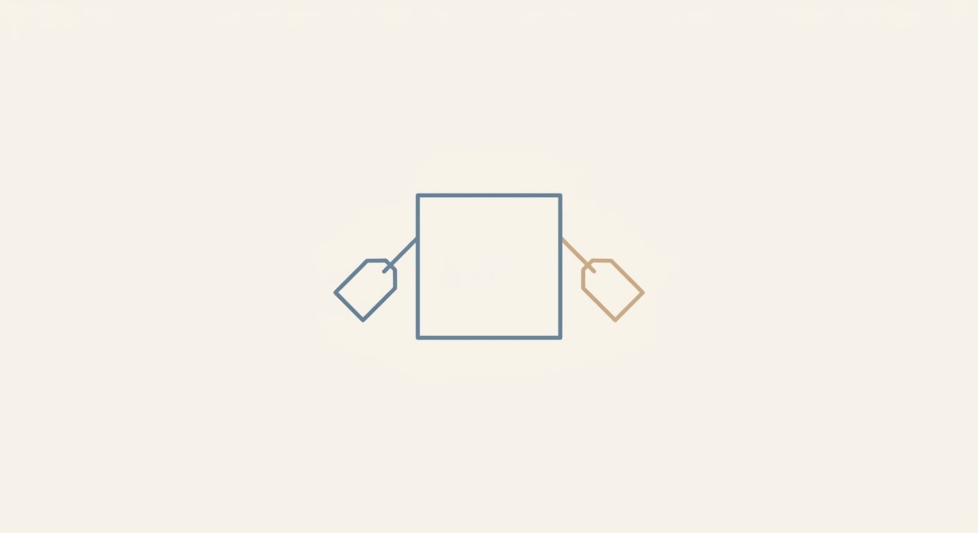 Illustration of one box with two identical tags attached, one on each side