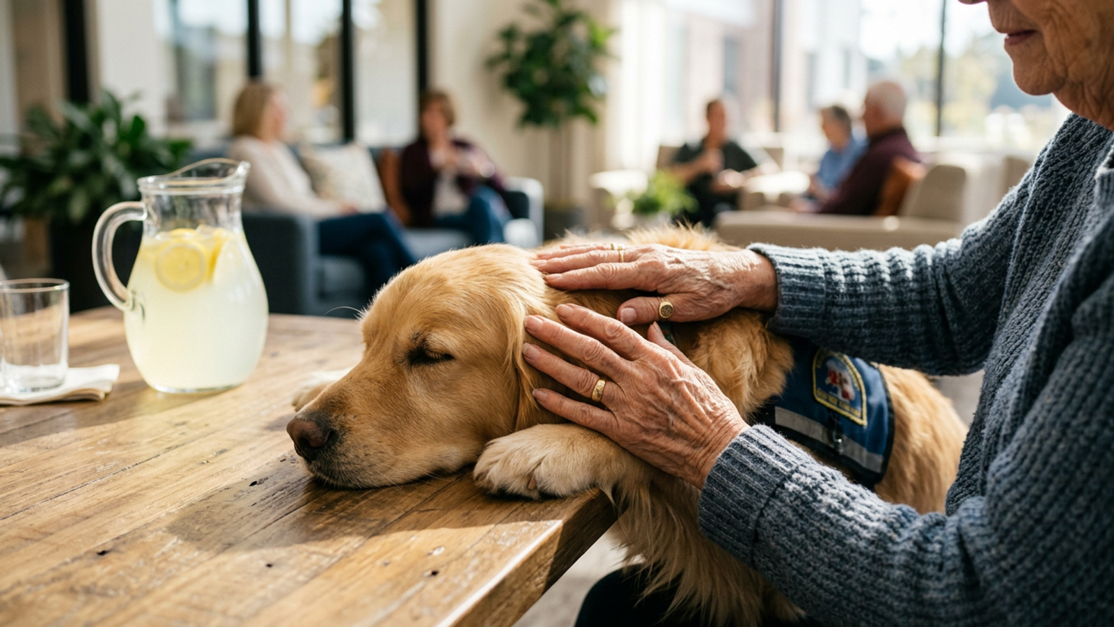 Senior hands resting near a therapy dog on a sunlit activity table with lemonade softly out of focus.