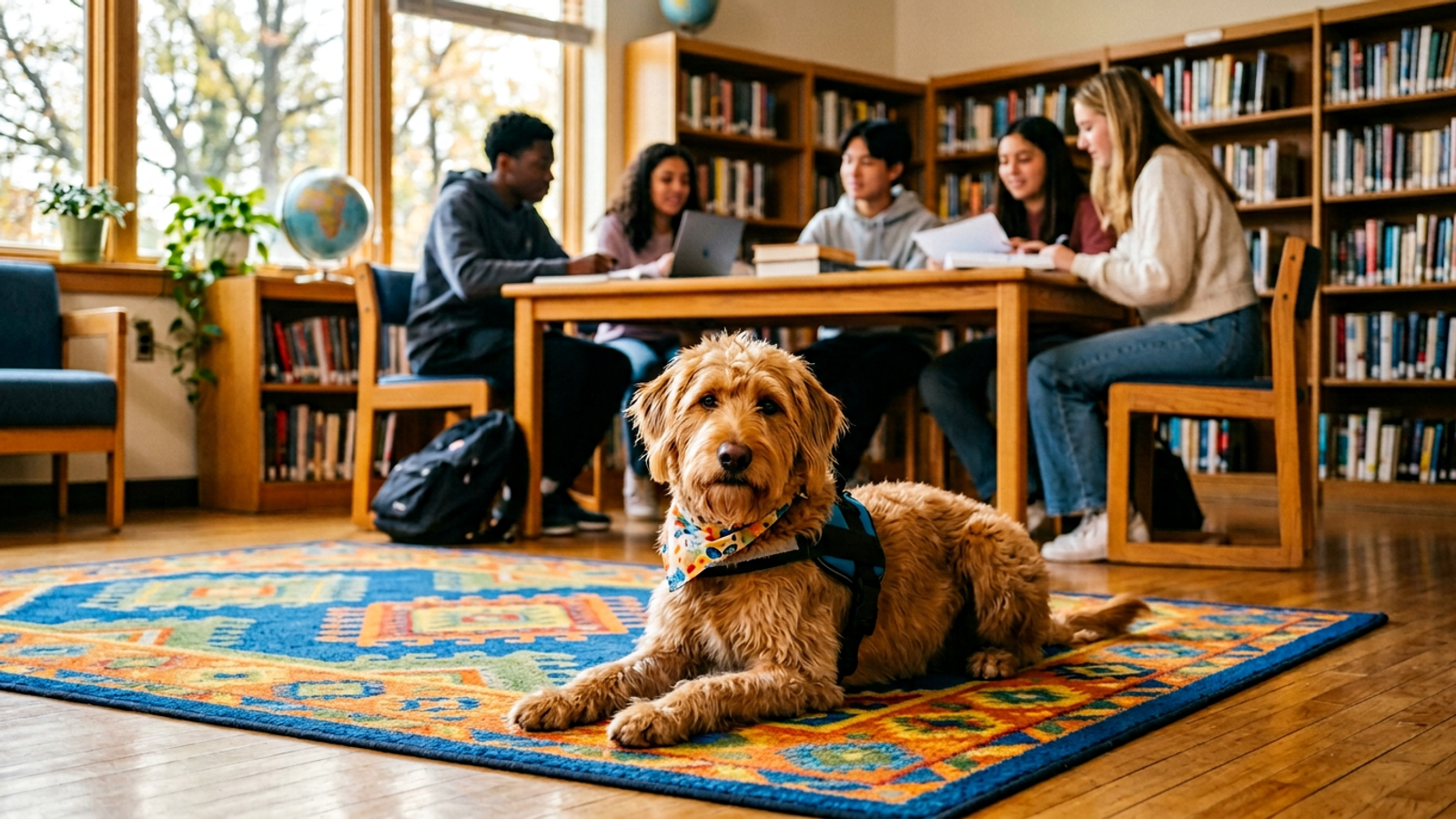 Therapy dog resting on a school library rug with students studying softly in the background.