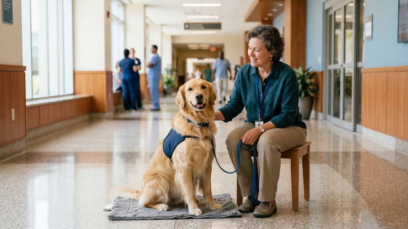 Therapy golden retriever sitting calmly beside a volunteer in a bright hospital corridor.
