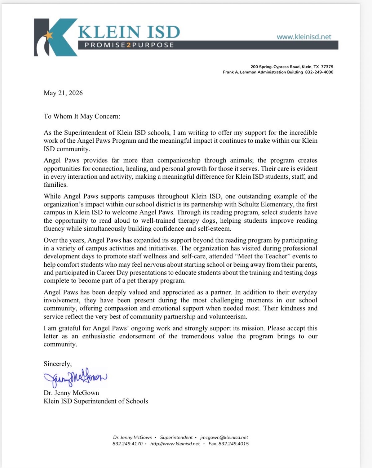 Letter from Dr. Jenny McGown, Klein ISD Superintendent of Schools, supporting Angel Paws.