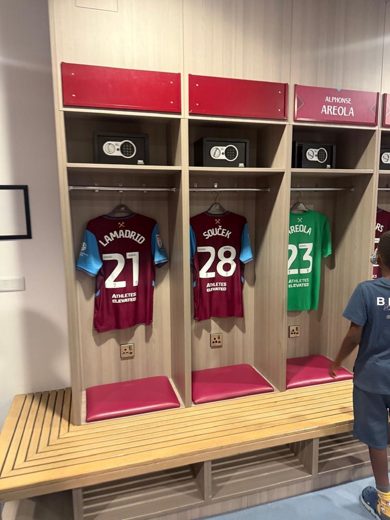 Football shirts displayed in a stadium changing room