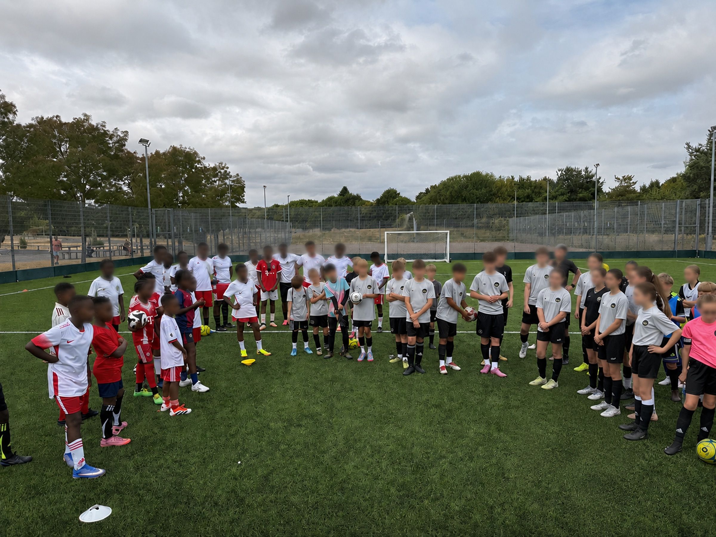 Young players gathered on a football pitch for a friendly tournament
