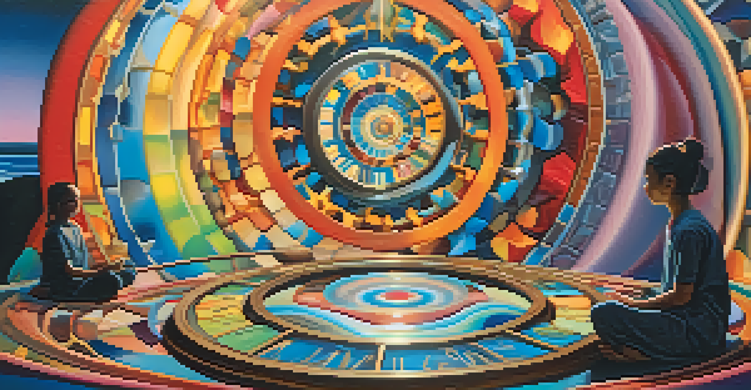 An abstract image depicting a swirling vortex of clocks and hourglasses with vibrant colors, illustrating the fluidity of time, with a meditating figure in the foreground.