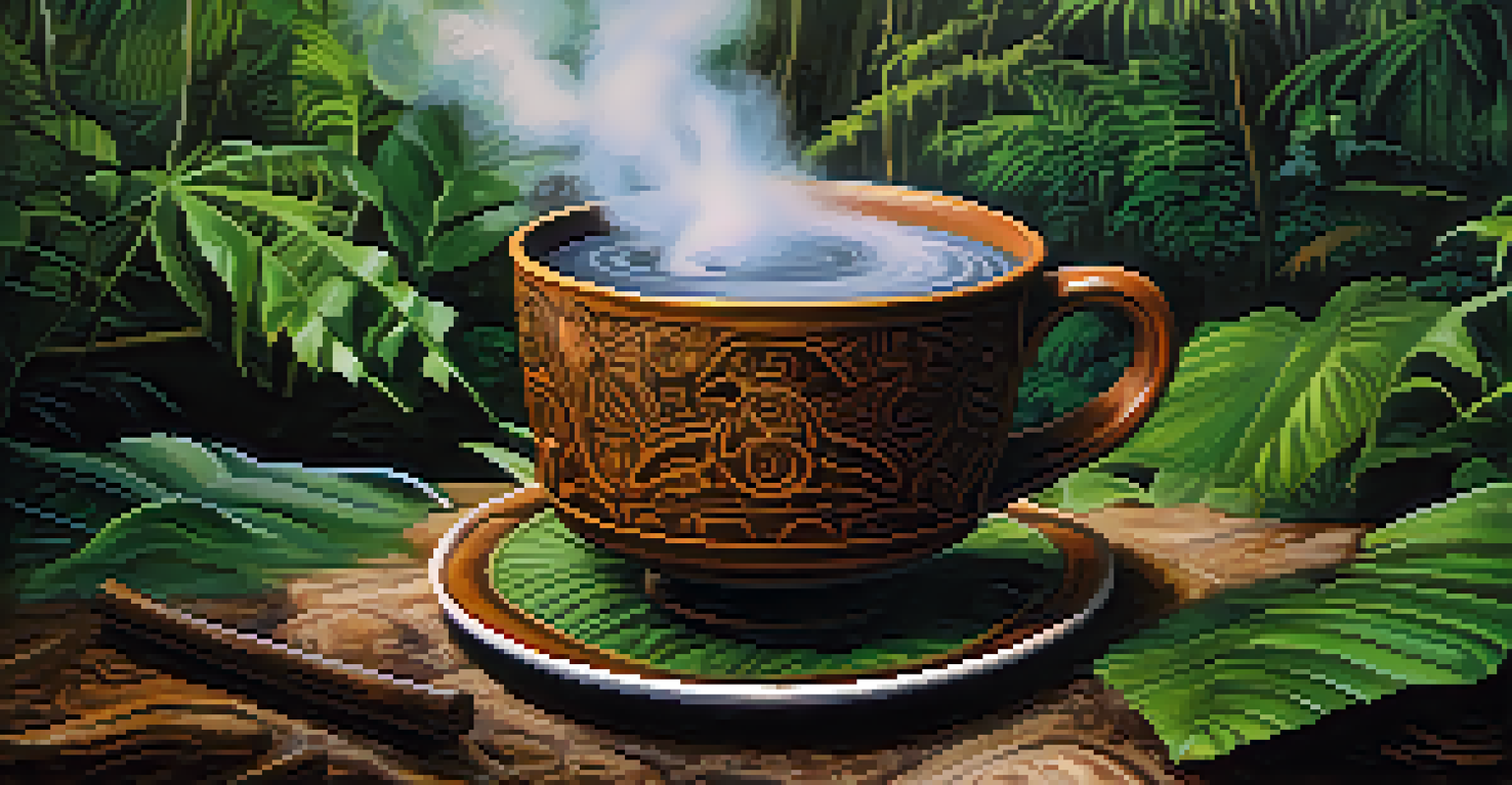 A close-up of a traditional cup filled with Ayahuasca brew, with steam and jungle background.