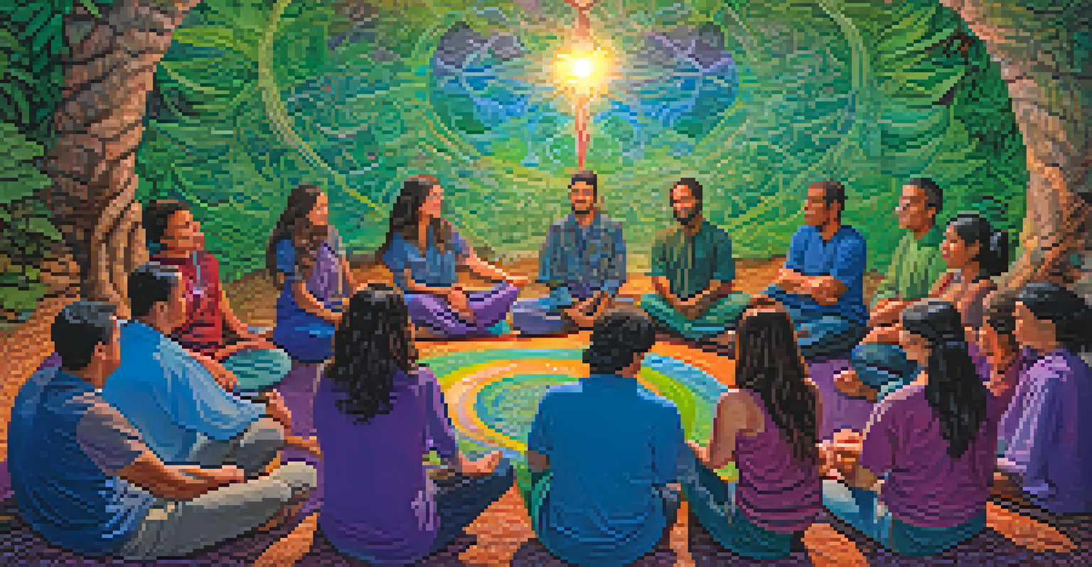 A colorful depiction of collective energy during an Ayahuasca session, with a facilitator surrounded by swirling colors representing shared emotions.