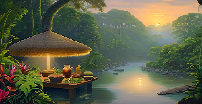 A tranquil jungle scene at dawn with a winding river, mist, sunlight filtering through leaves, and a ceremonial table adorned with flowers and brewing materials.