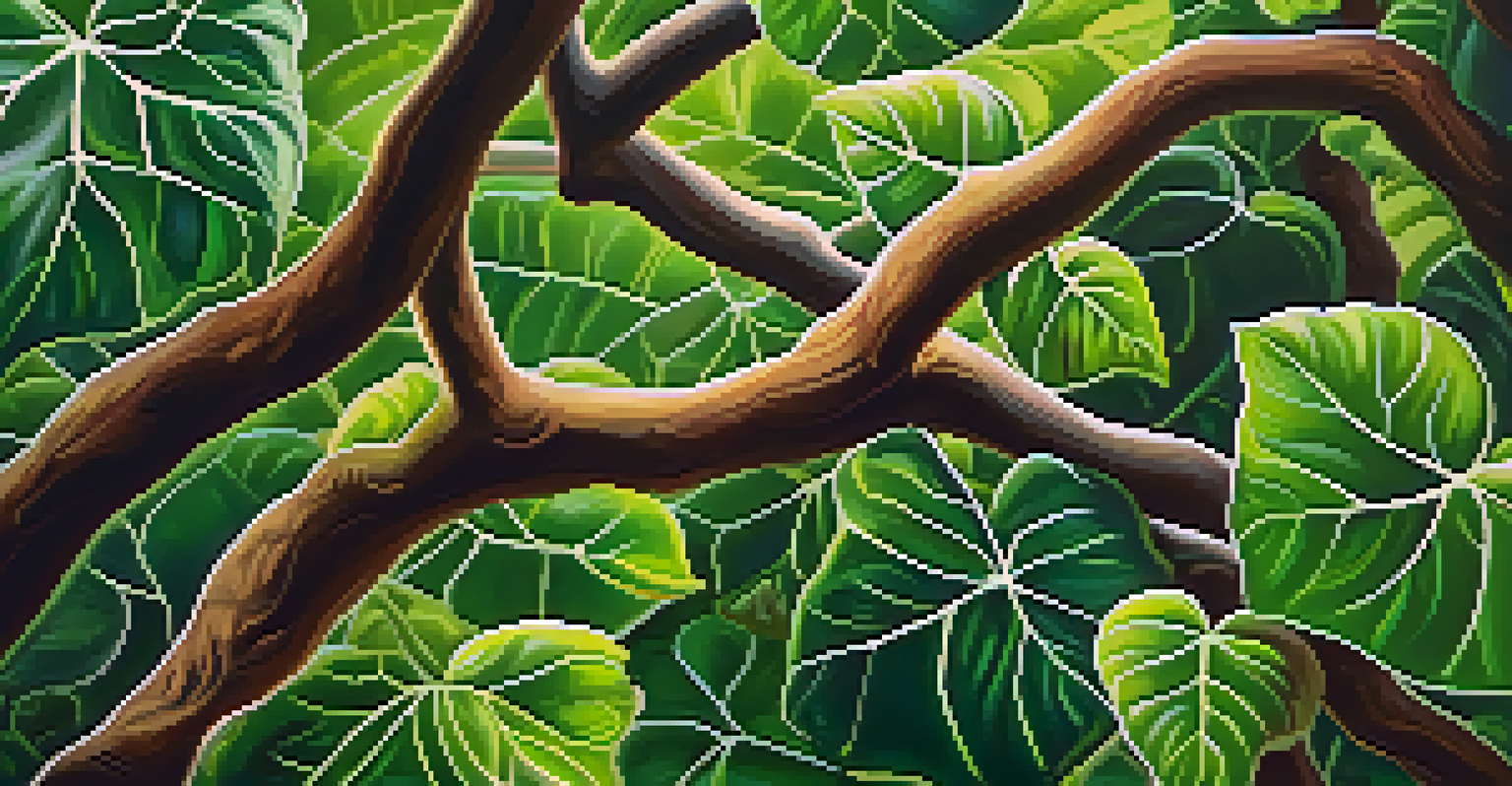 Close-up of the Banisteriopsis caapi vine and Psychotria viridis leaves, illuminated by soft natural light.