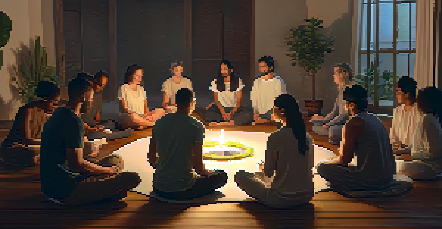 A group of people in a circle practicing breathwork in a cozy, softly lit room with candles and plants.