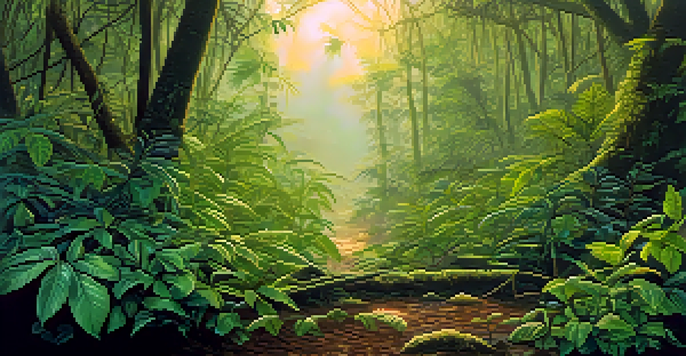 Twilight in the Amazon rainforest with green vines and leaves, soft golden light filtering through the trees, and a misty atmosphere.