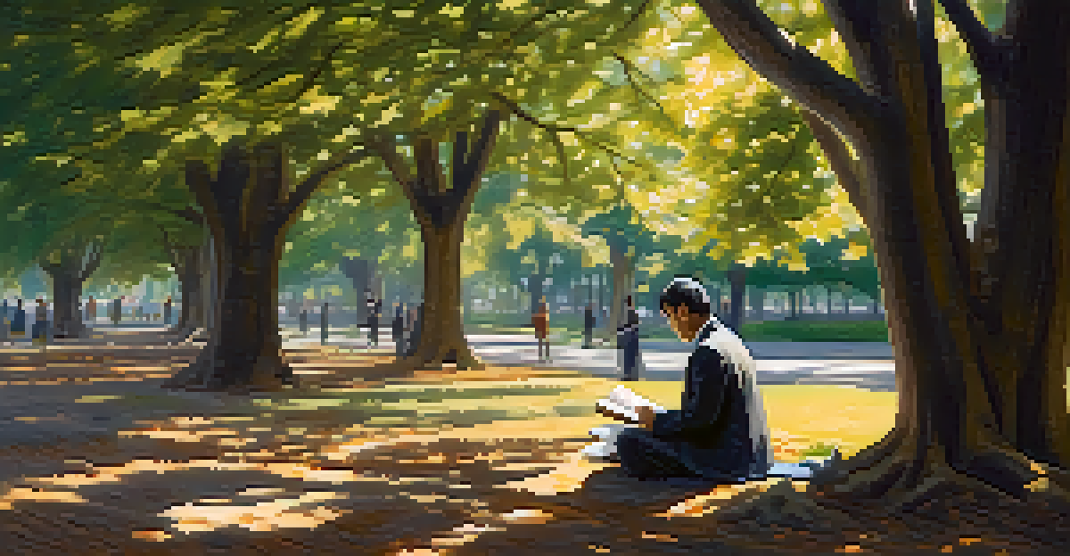 An individual journaling under a large tree after an Ayahuasca ceremony, with sunlight filtering through the leaves, conveying calmness and reflection.
