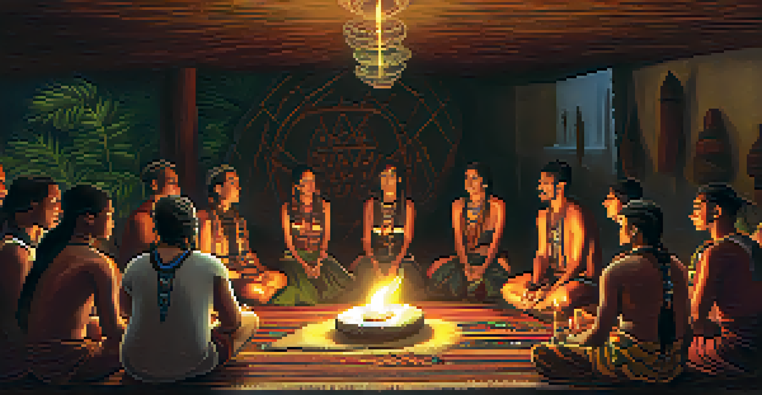 Participants in an Ayahuasca ceremony, guided by a shaman in traditional attire, in a dimly lit space with candles and indigenous art, creating a reflective atmosphere.