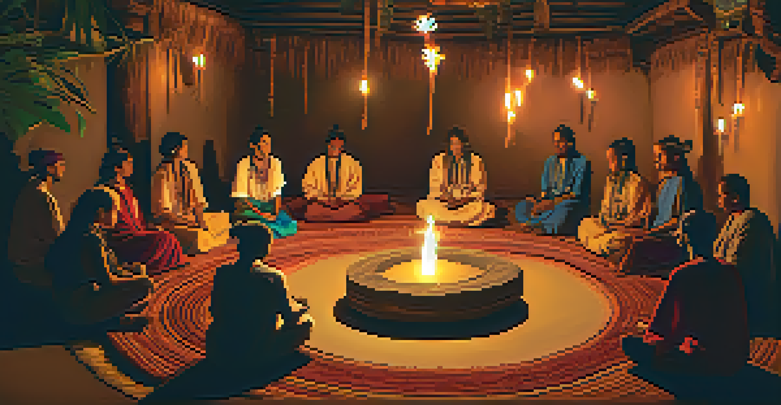 A warm and inviting Ayahuasca ceremony setting with participants seated in a circle, surrounded by candles and traditional artifacts.